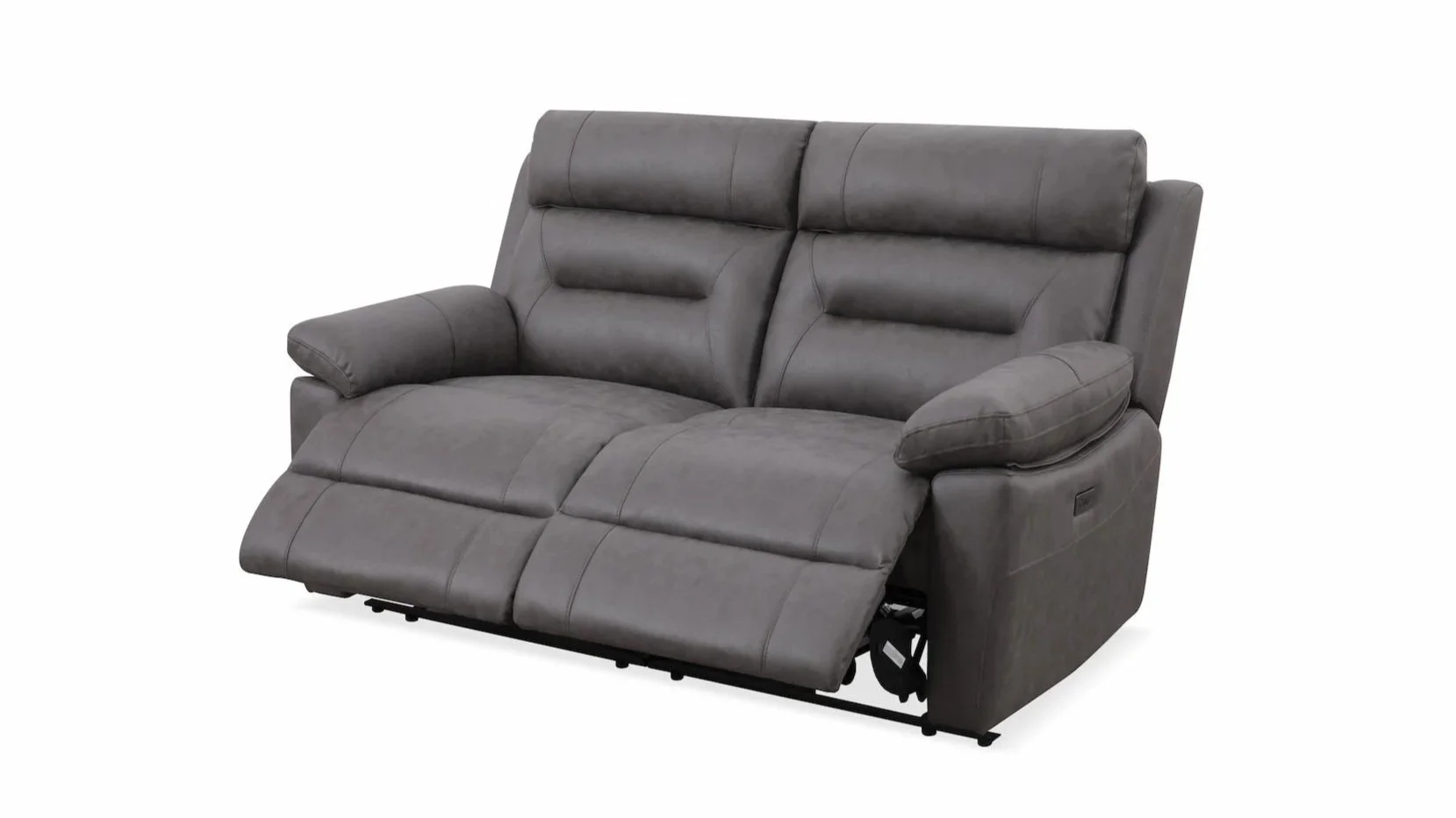 Gray leather reclining sofa with adjustable headrests and built-in armrest cushions, partially extended recline feature visible