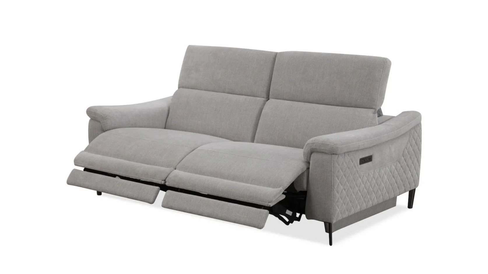 Light gray fabric sofa with adjustable headrests and a chaise lounge, partially extended recliner feature, black legs, and quilted side panels.