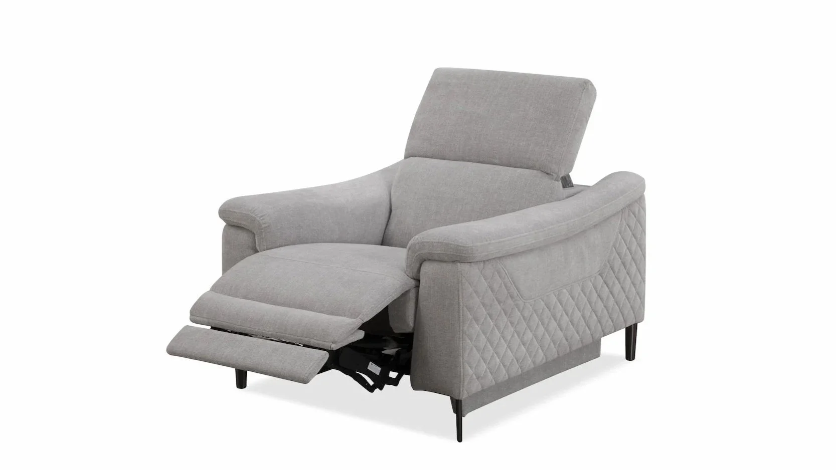 Light gray upholstered armchair with a built-in footrest and quilted pattern on the sides.