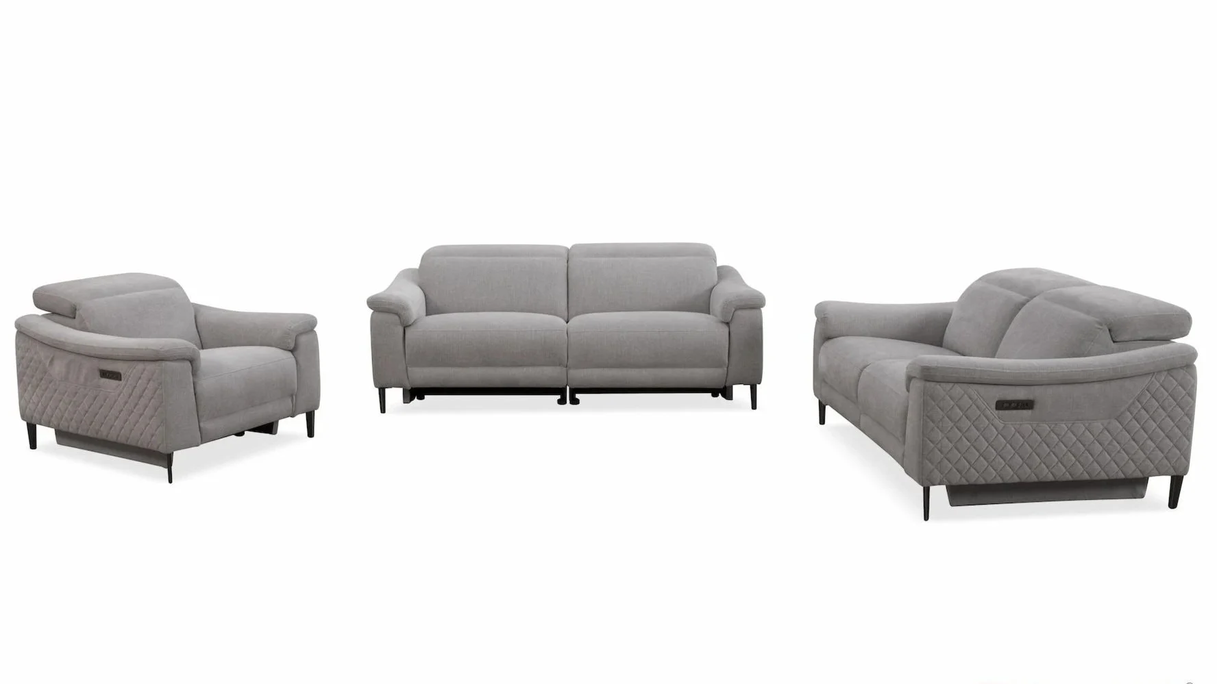 Set of three grey upholstered sofas and armchair with quilted diamond pattern on sides, arranged in a row against a plain white background.