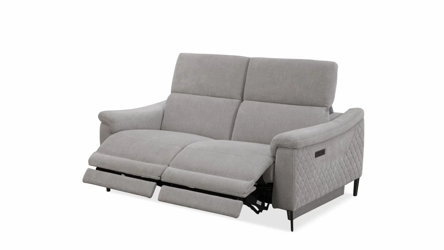 Light gray fabric sofa with recliner footrests extended, quilted side panels, and black tapered legs