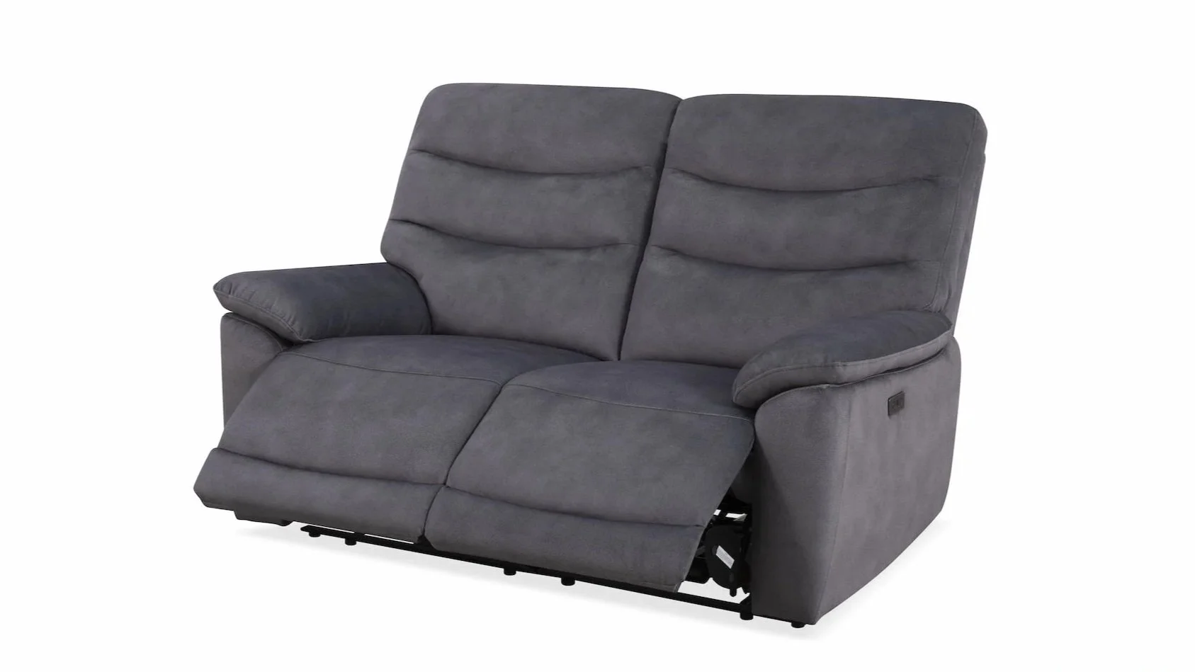 Gray fabric reclining sofa with two seats, one seat extended in recline, showing black metal mechanisms underneath.