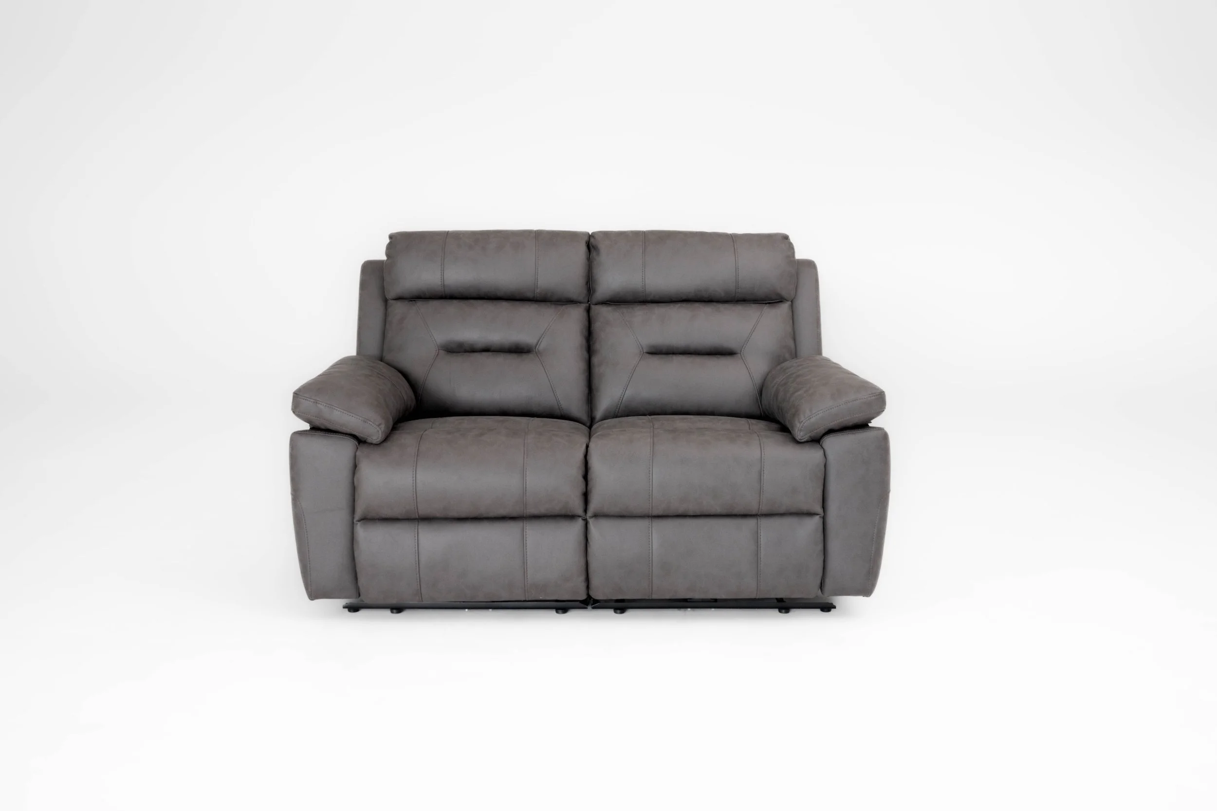 Gray leather loveseat with armrests on both sides, set against a plain white background.