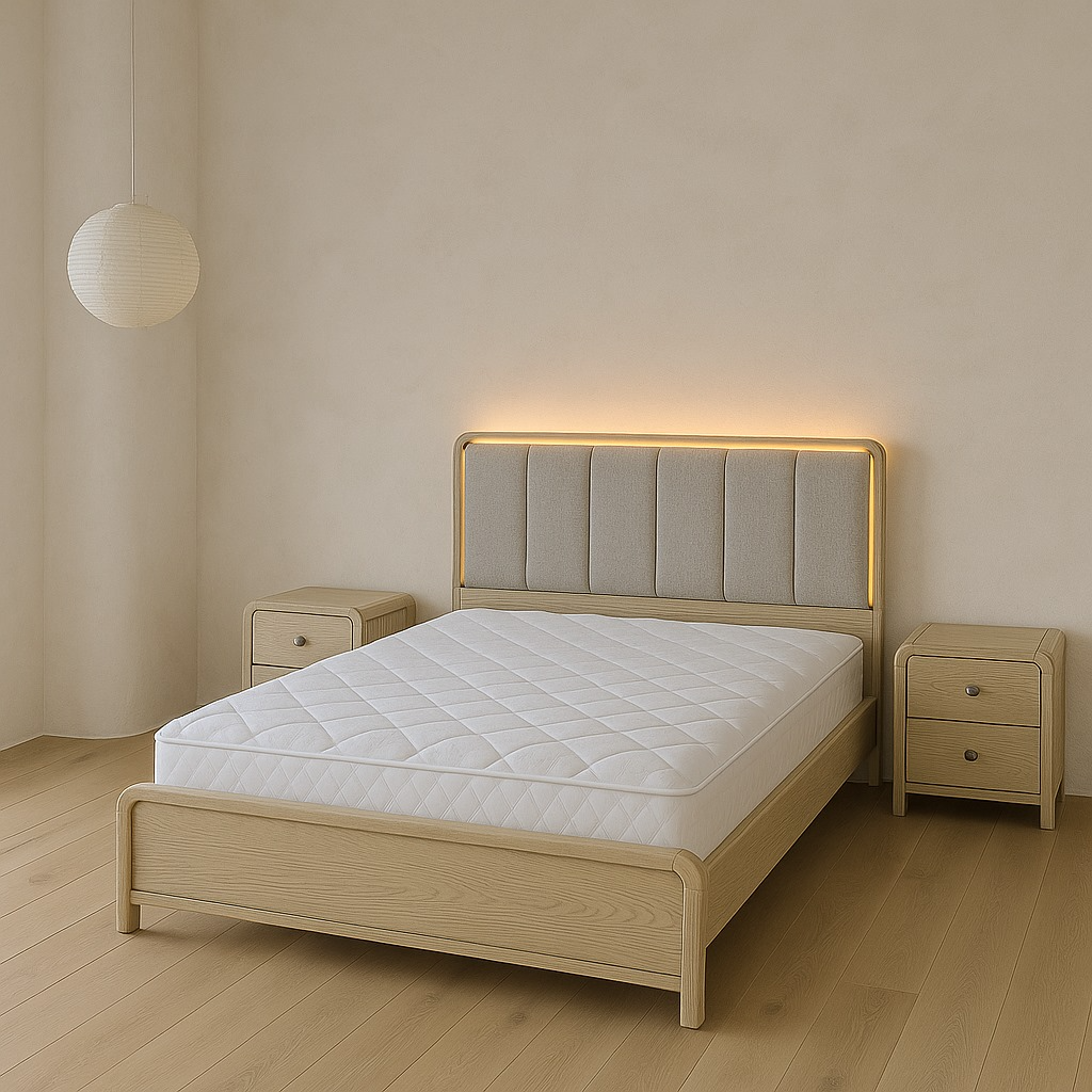 Minimalist bedroom with a light wood bed, beige headboard with soft lighting, two matching nightstands, a white mattress, a paper lantern hanging from the ceiling, and light wood flooring.