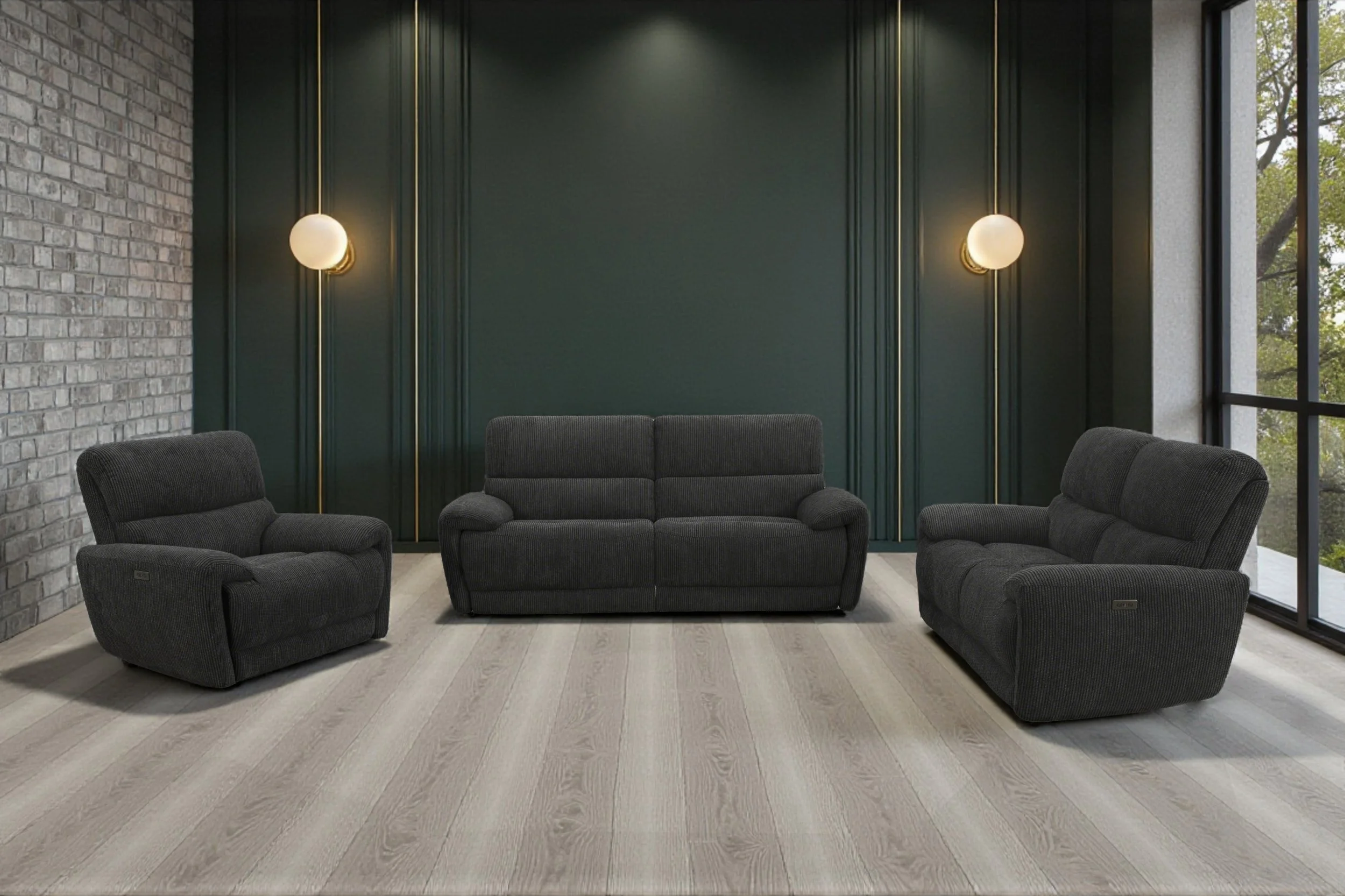 A black upholstered three-piece living room furniture set including two armchairs and one sofa.