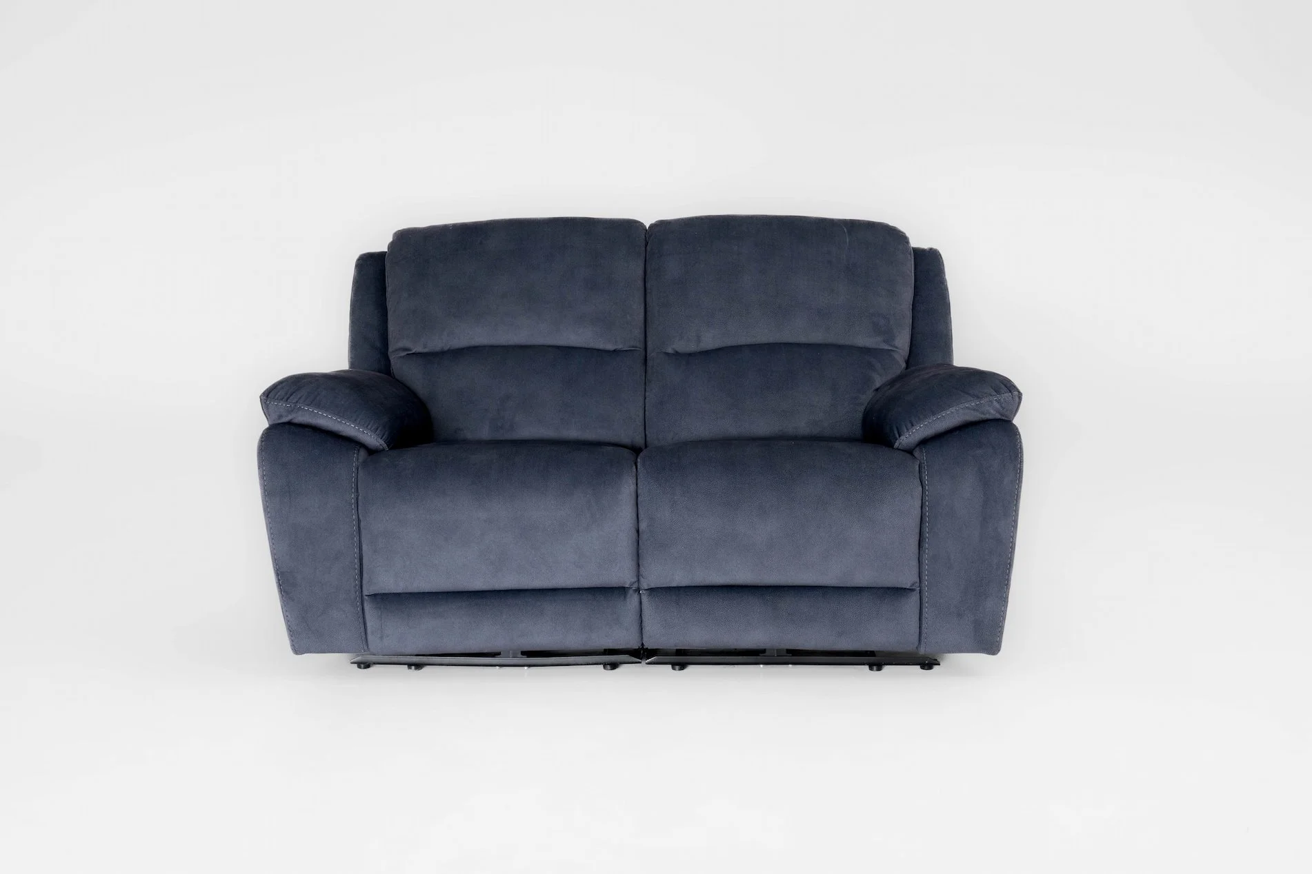 A dark blue two-seater sofa against a plain white background.