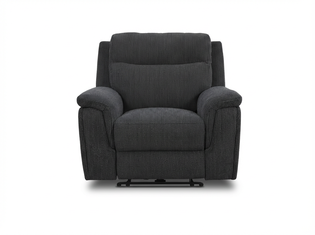 Gray fabric upholstered recliner chair with armrests and cushioned back.