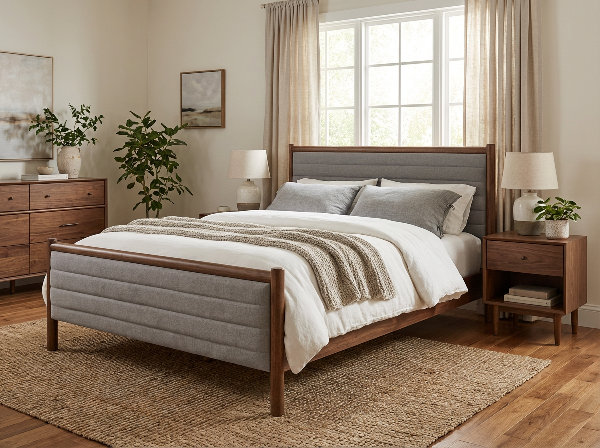 A modern bed frame with upholstered gray fabric panels and a wooden frame, without a mattress.
