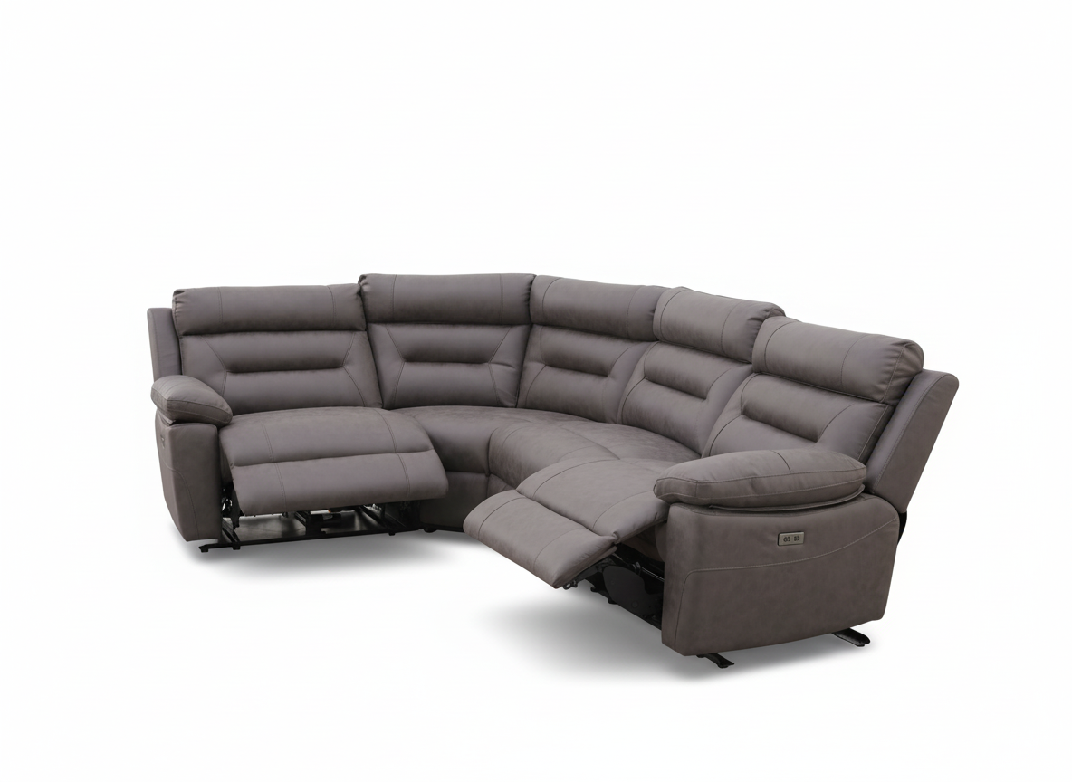 Gray sectional sofa with recliner features and adjustable headrest, set against a plain white background.