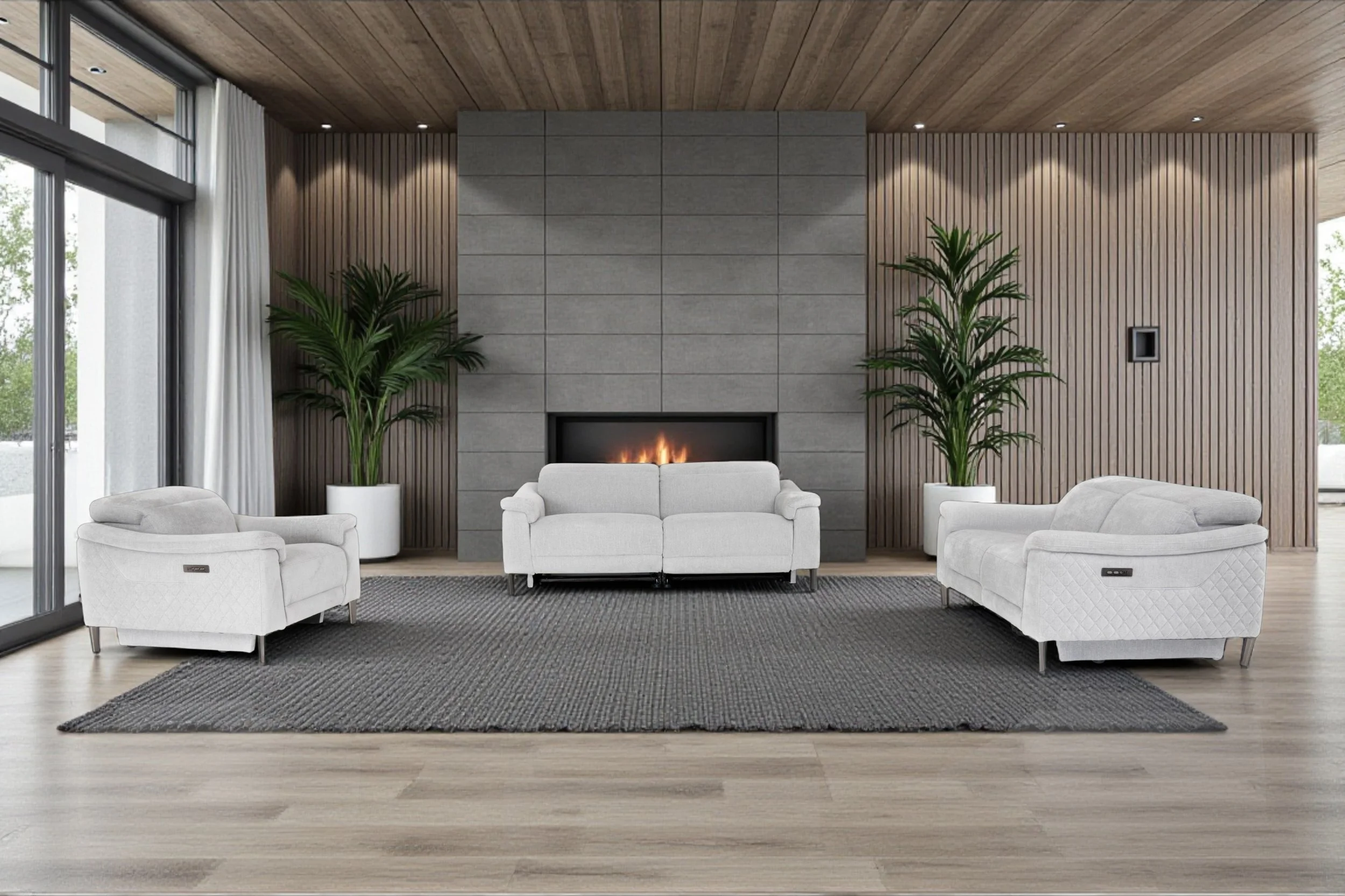 Three light gray sofas with modern design, including two armchairs and one lovesea, arranged on a white background.
