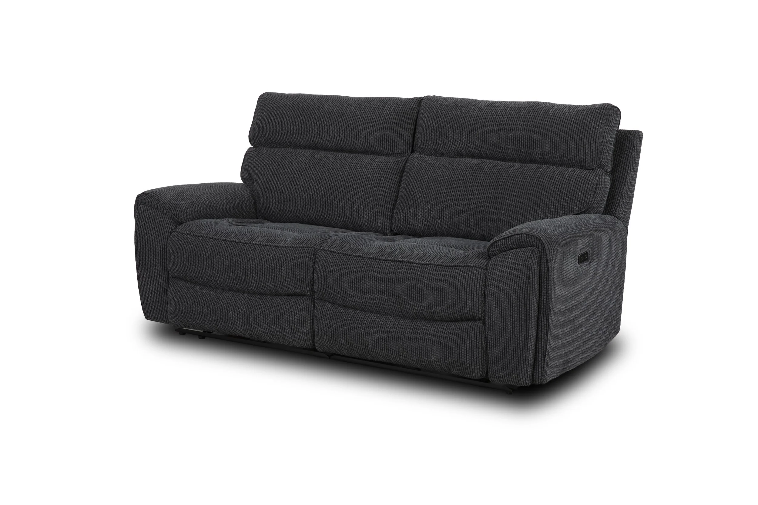 Dark gray fabric upholstered sofa with plush cushions and padded armrests on a plain white background.