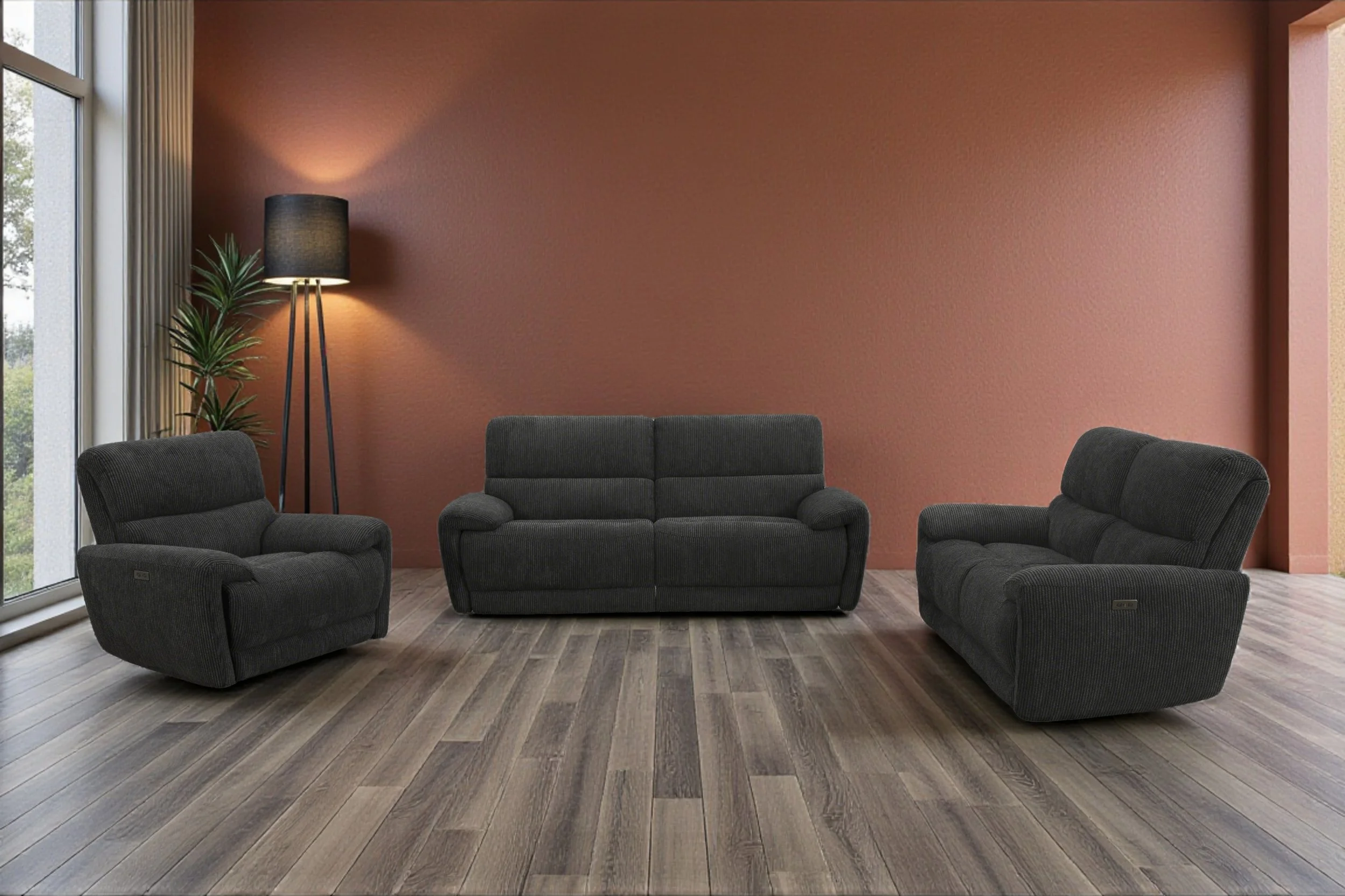 A black upholstered three-piece living room furniture set including two armchairs and one sofa.
