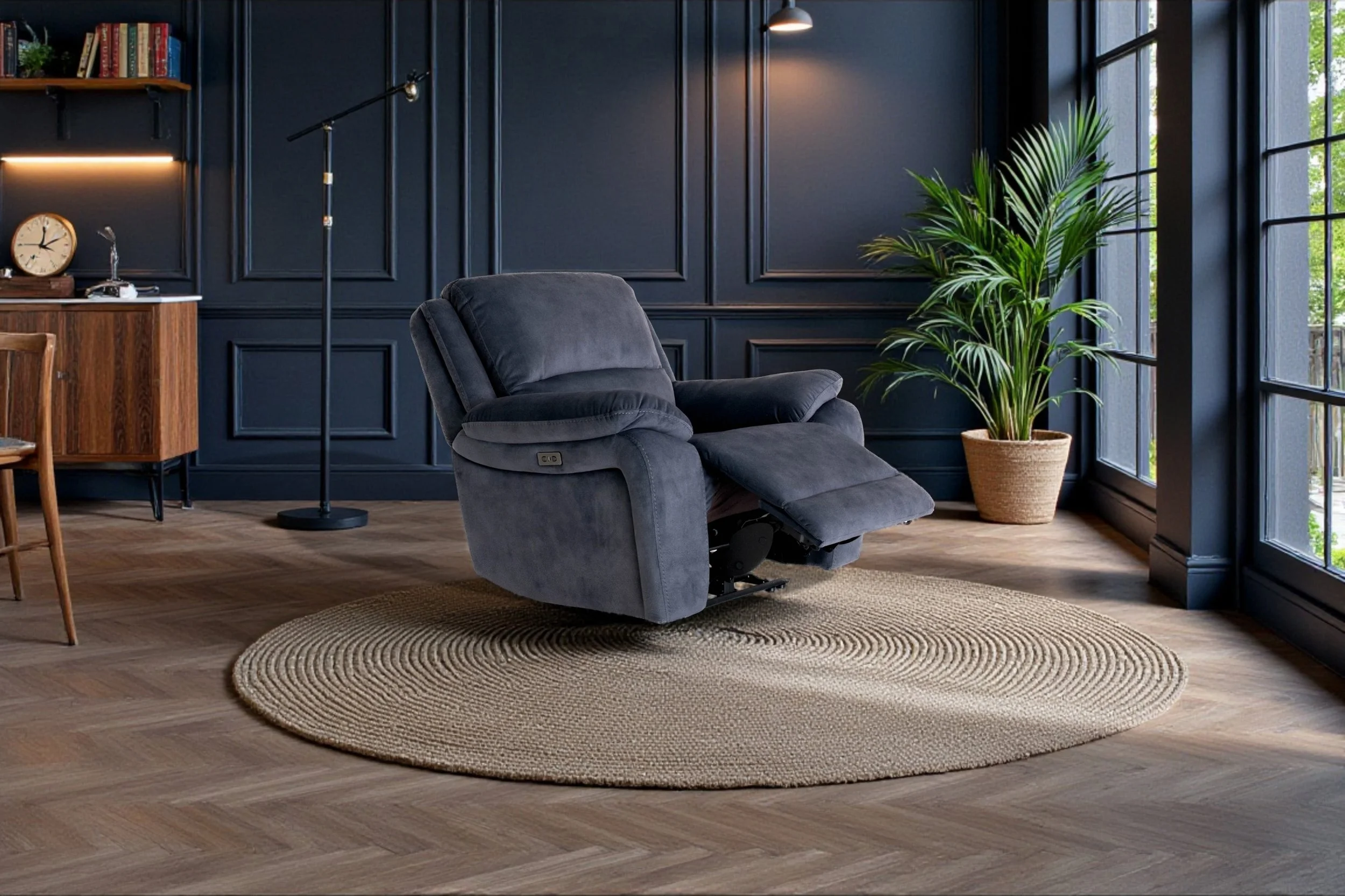 A single dark blue plush armchair on a white background.