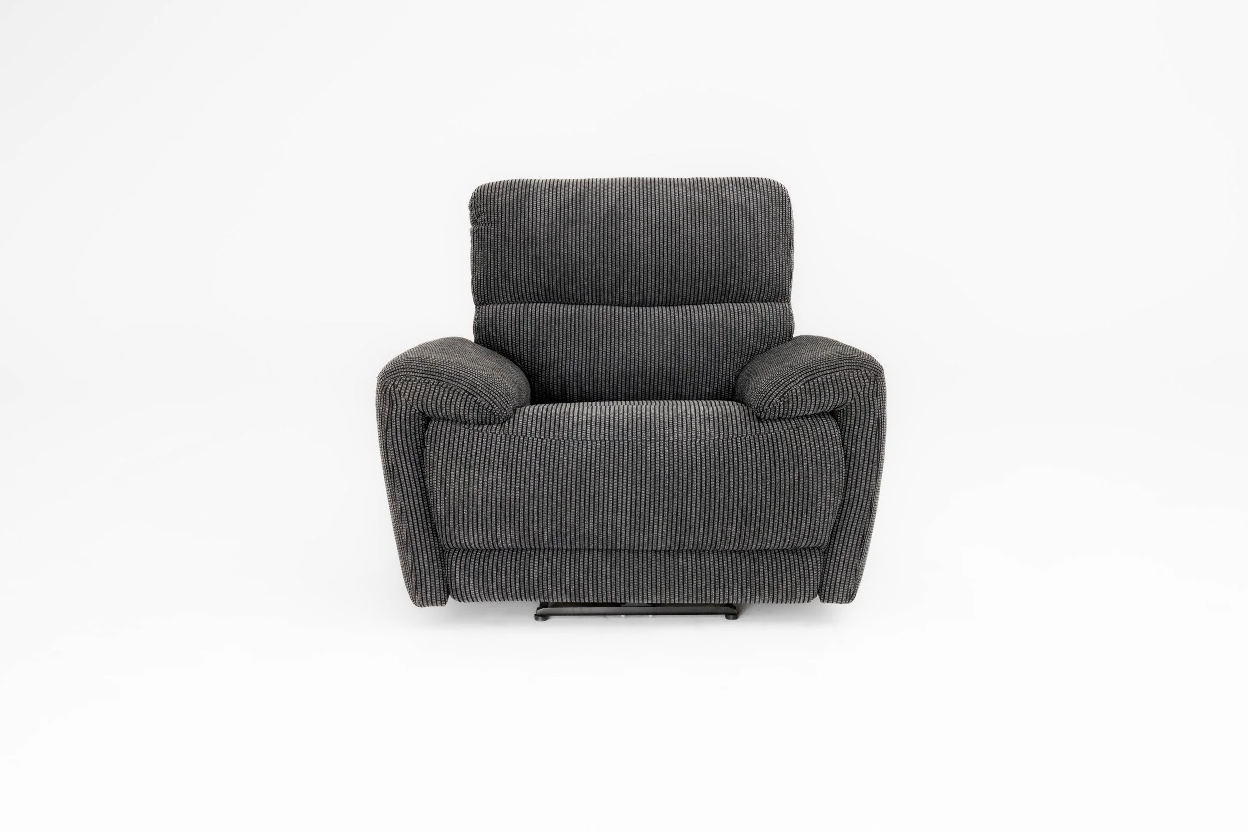 Gray armchair with a textured striped fabric, set against a plain white background.