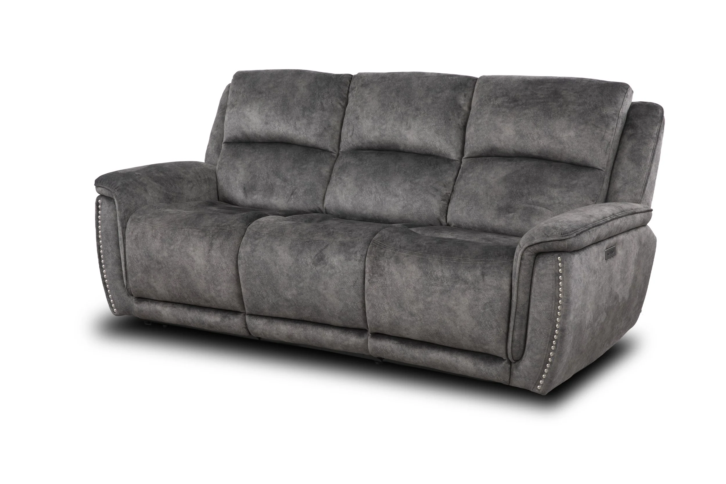 Gray upholstered sofa with three cushions and nailhead trim on the arms.