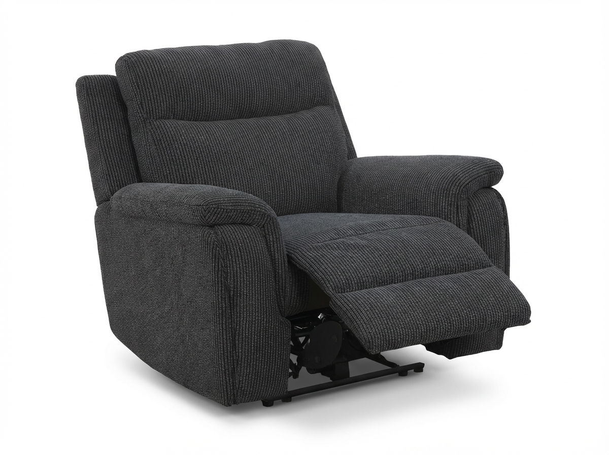 Dark gray upholstered recliner chair with extended footrest in a plain white background.