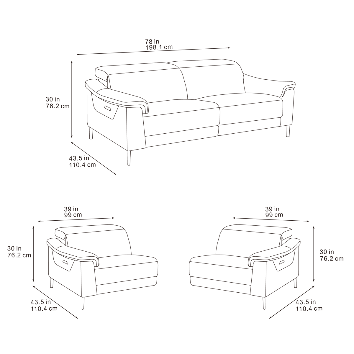 Line drawing of a sofa and two armchairs with measurements in inches and centimeters for height, width, and depth.