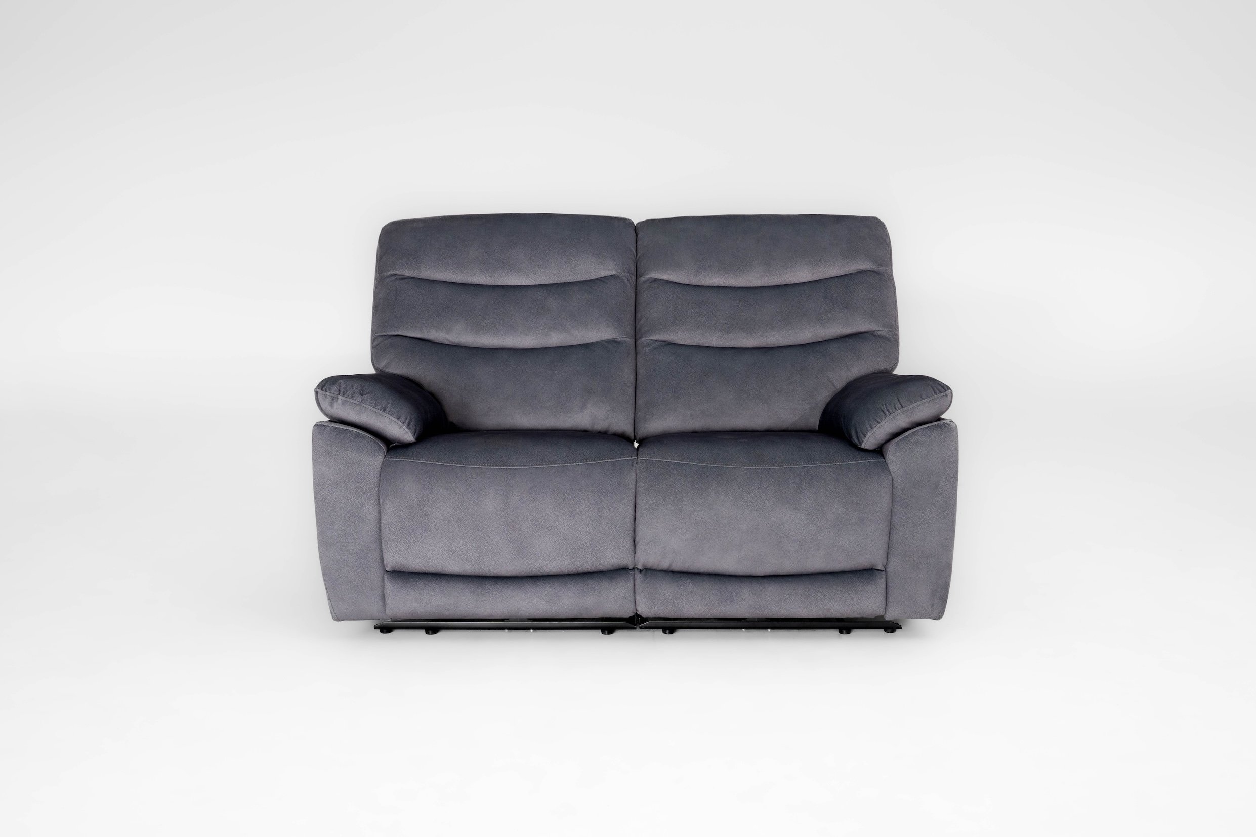 Gray fabric loveseat sofa with armrests on both sides against a plain white background.