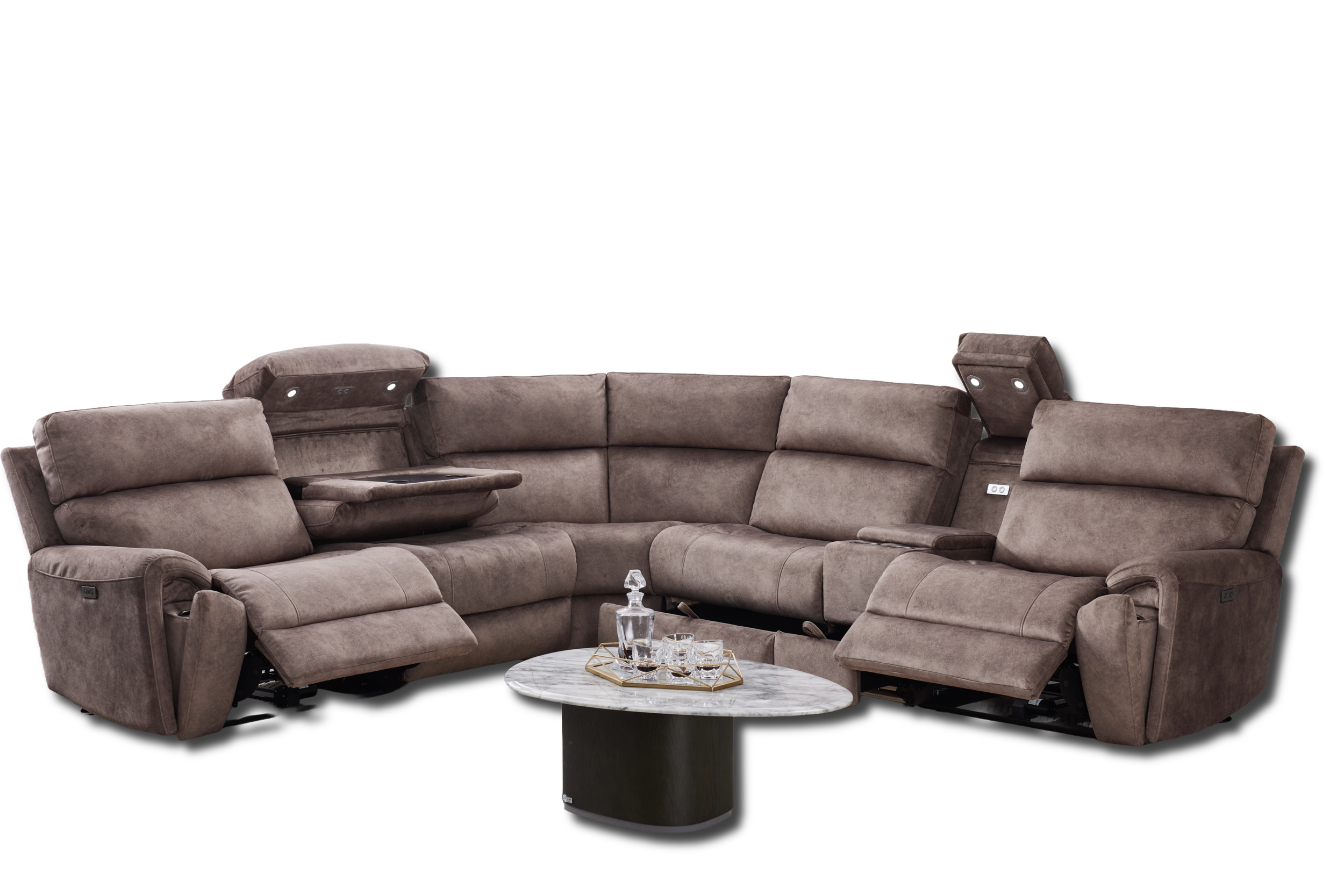 Light gray sectional sofa with a modern design, featuring plush cushions and padded armrests, set against a white background.