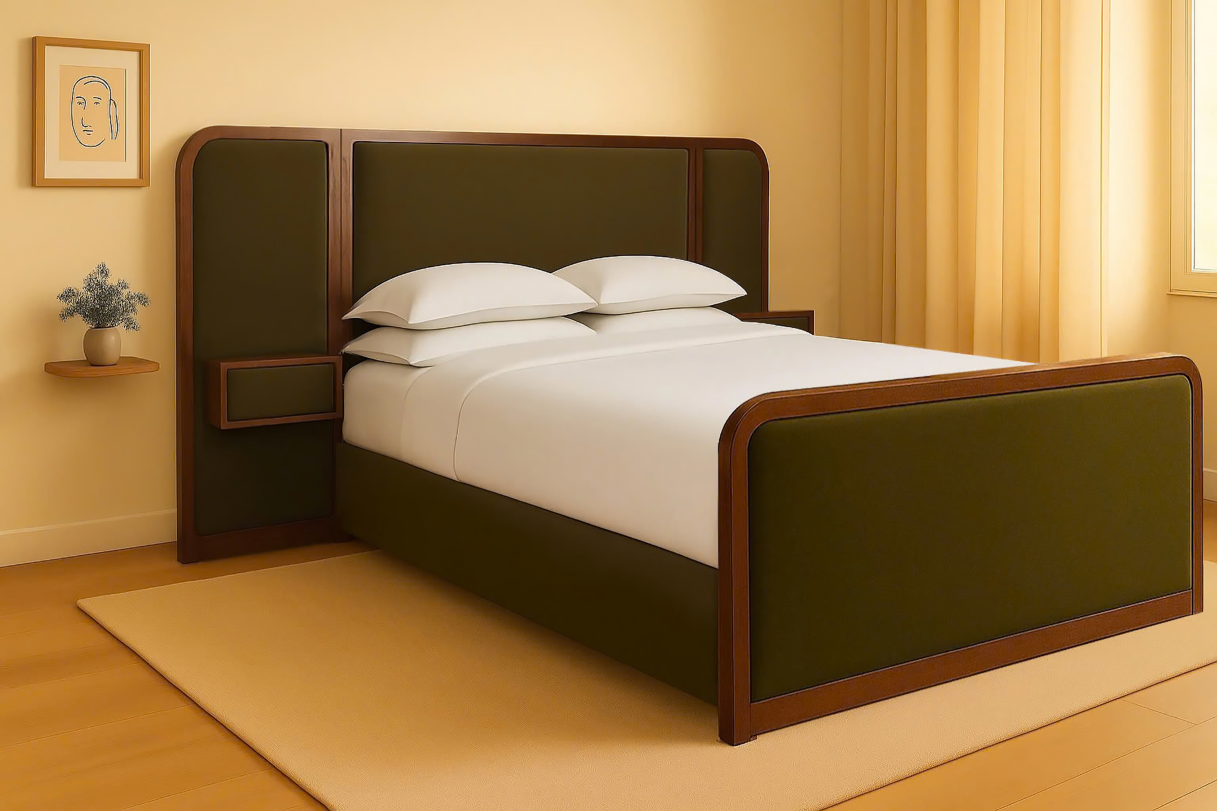 A bedroom with a bed that has white bedding and multiple pillows, a wooden headboard with green accents, a small side shelf with a potted plant, and a window with yellow curtains in the background.