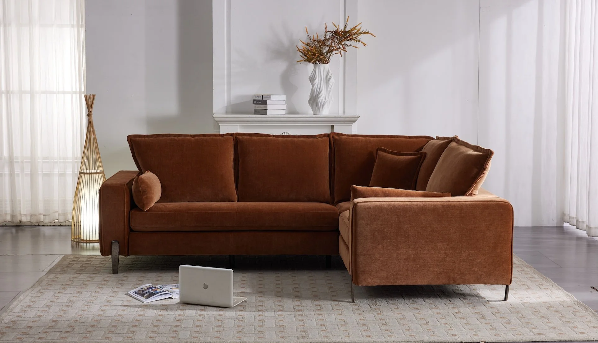 A living room with a rust-colored sofa, a lamp, a white vase with dried flowers on a mantel, and a laptop and magazine on a beige rug.