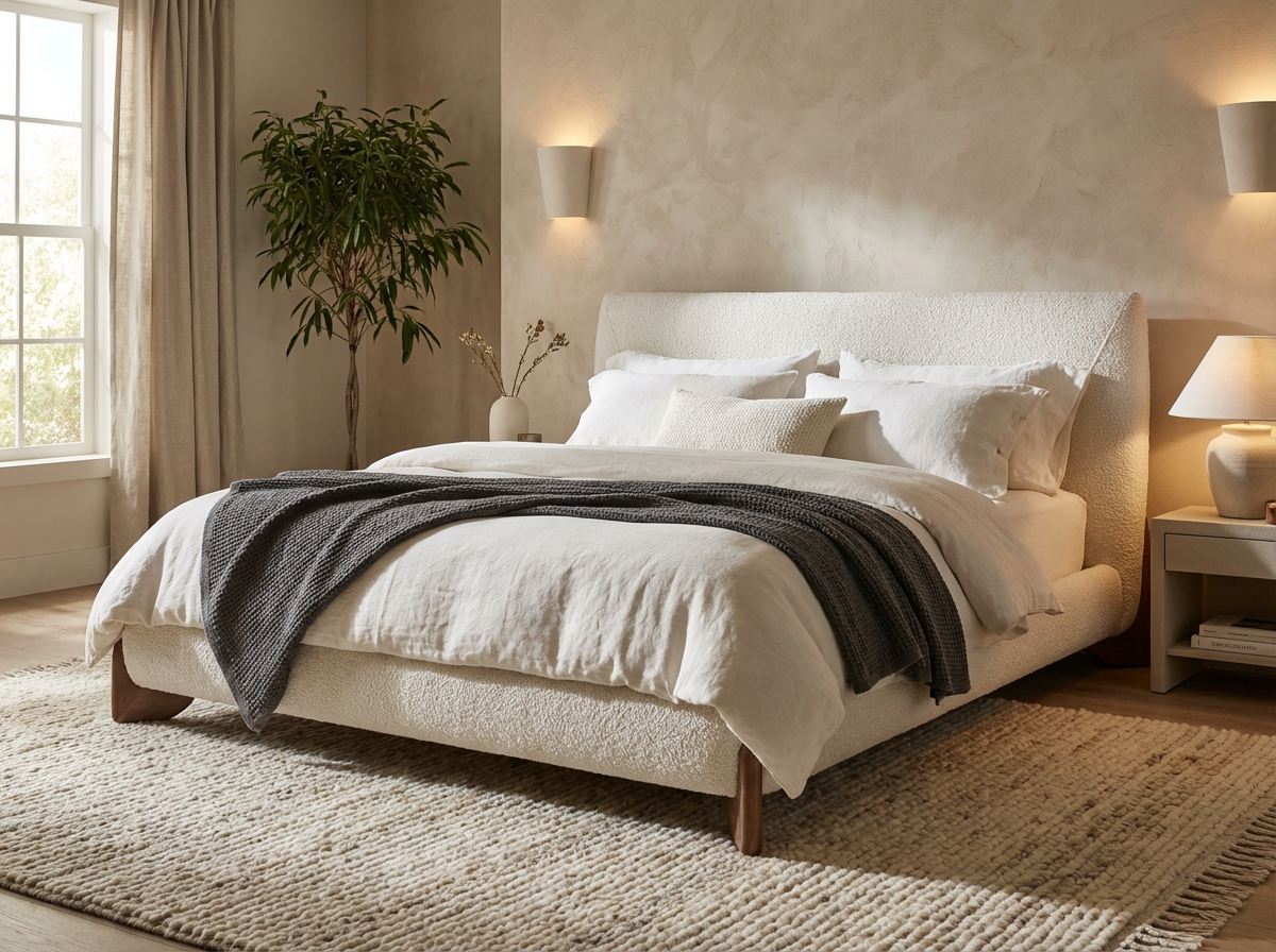 A beige upholstered bed frame with wooden legs and a slatted base.