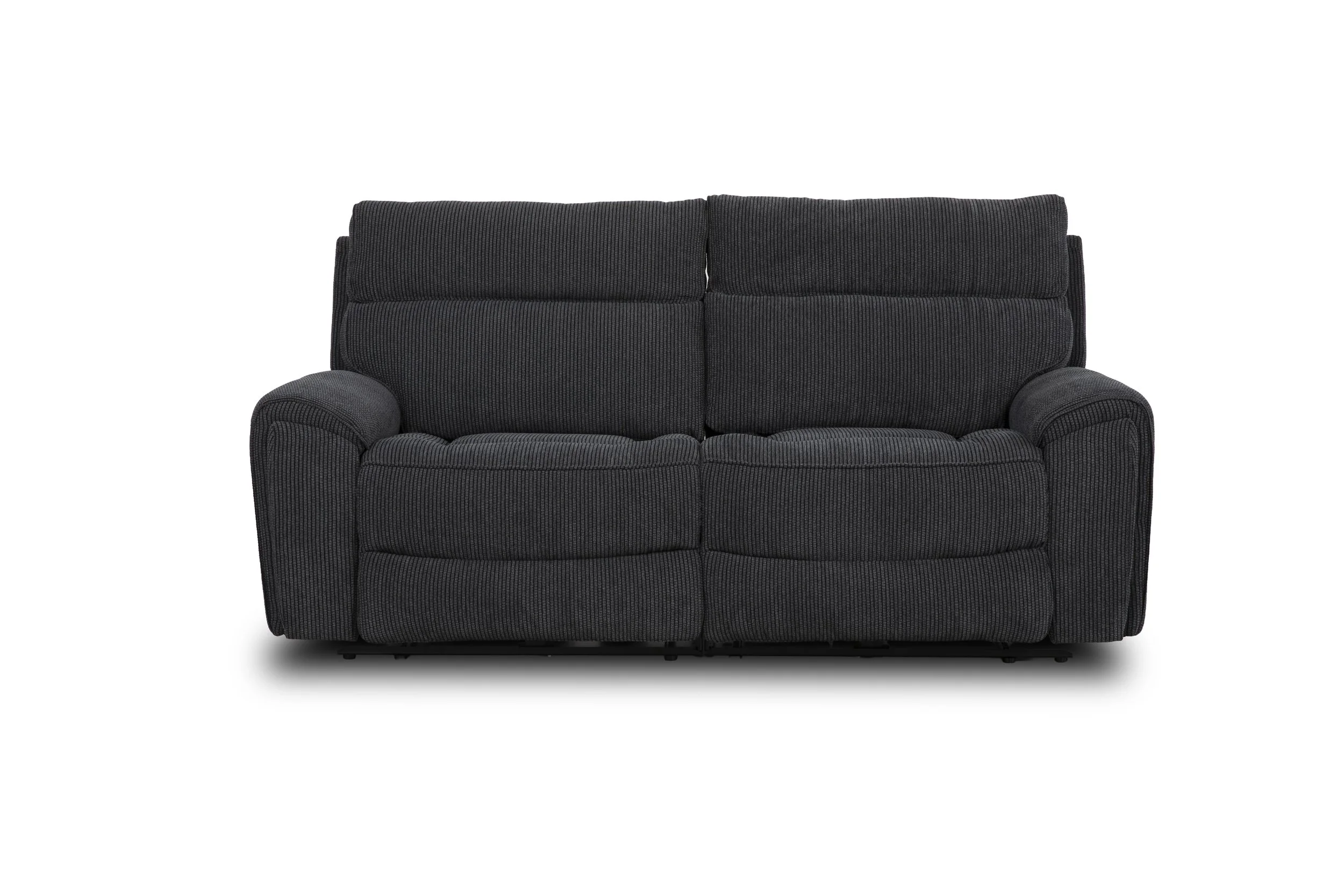 Dark gray upholstered sofa with two back cushions and rounded armrests, set against a white background.