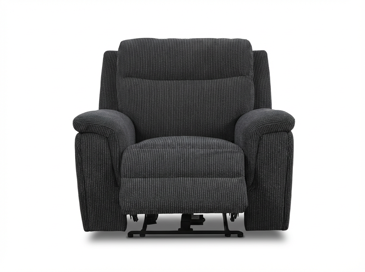 A black fabric recliner chair with a textured pattern and padded armrests, photographed against a plain white background.