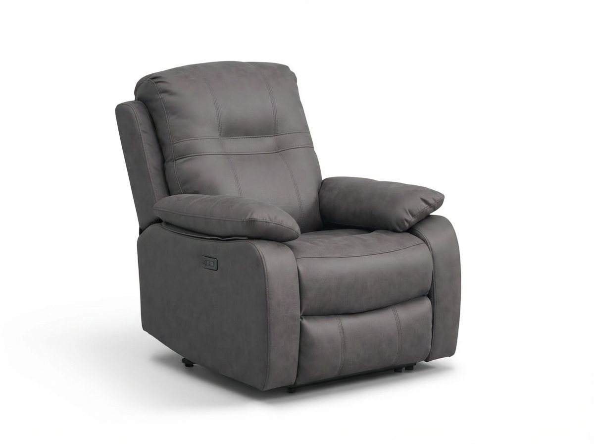 Gray recliner chair with plush armrests and cushioned back, isolated on white background.