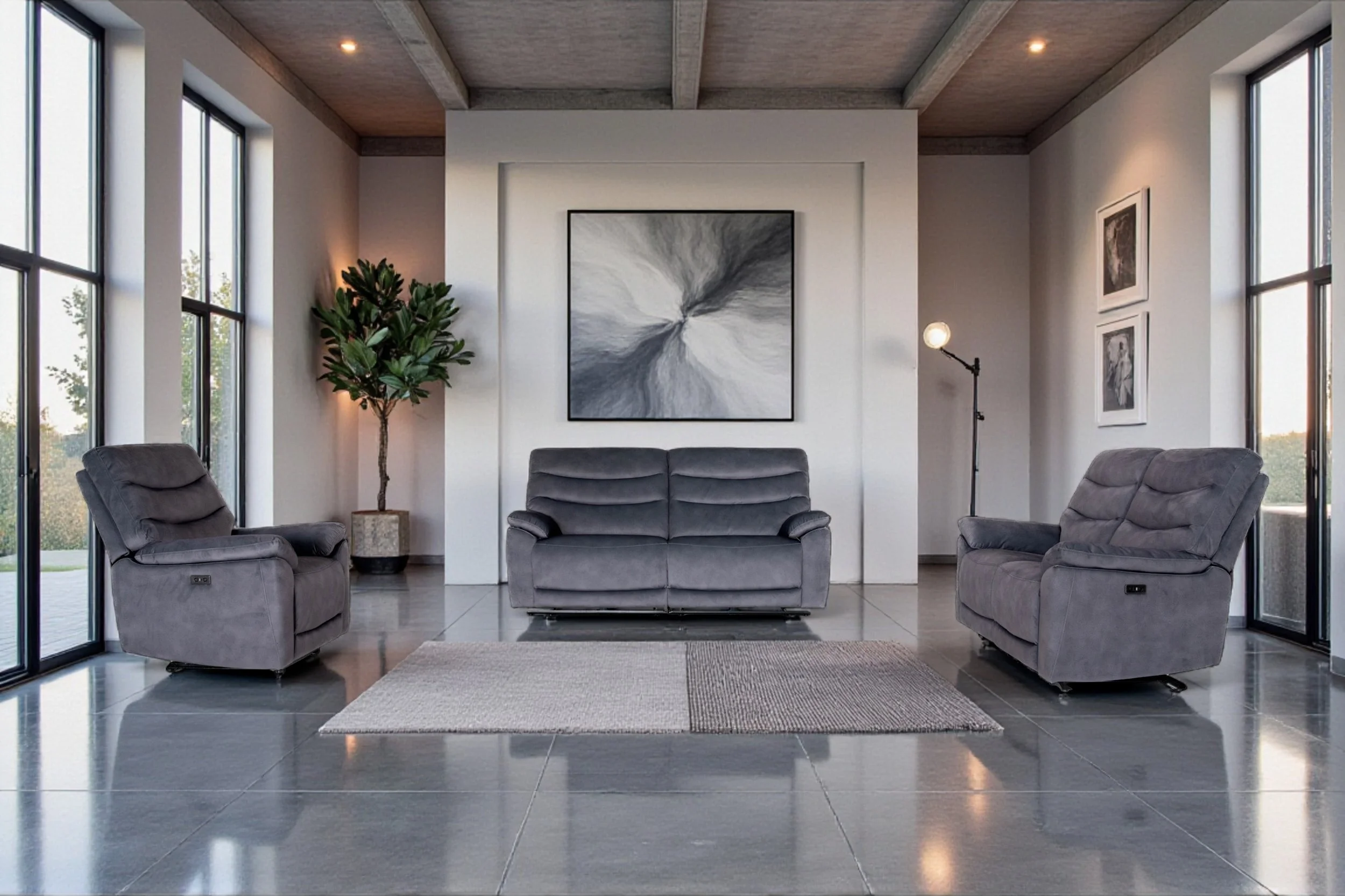 Three gray upholstered furniture pieces: a large sofa in the middle, a reclining armchair on the left, and another recliner on the right, isolated on a white background.