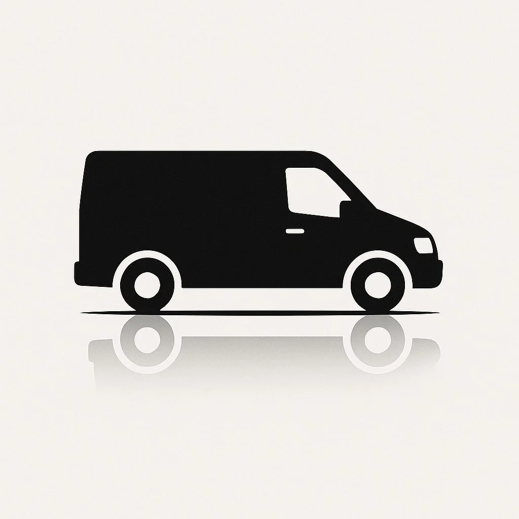 Silhouette of a delivery van on a white background with a reflection below