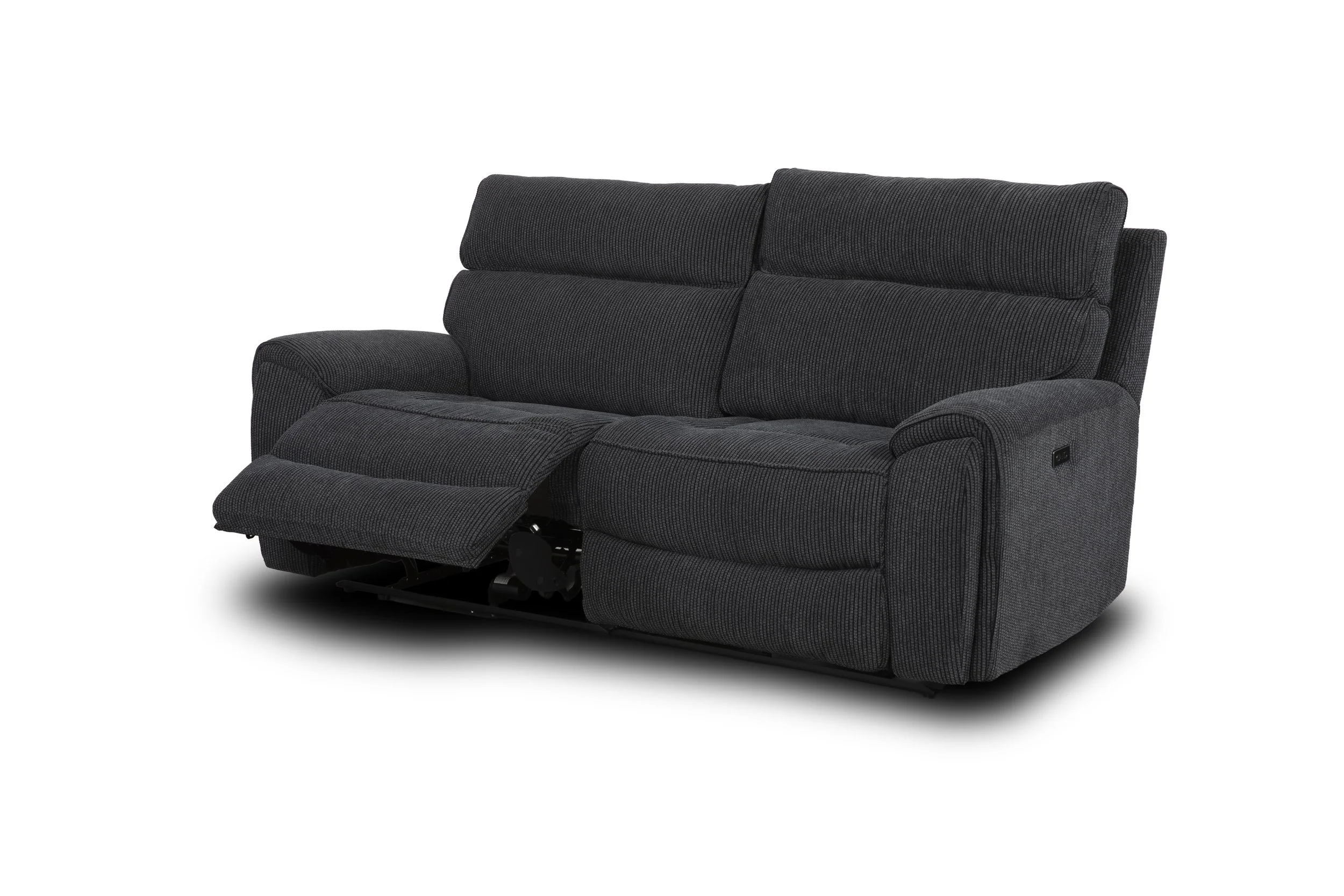 Dark gray fabric recliner sofa with extended footrest on a white background.
