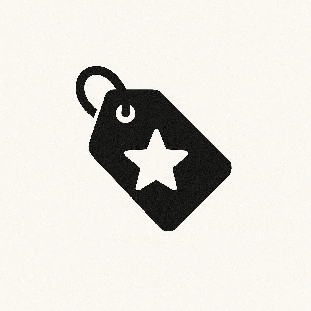 Black silhouette of a price tag with a star cutout, attached to a ring.