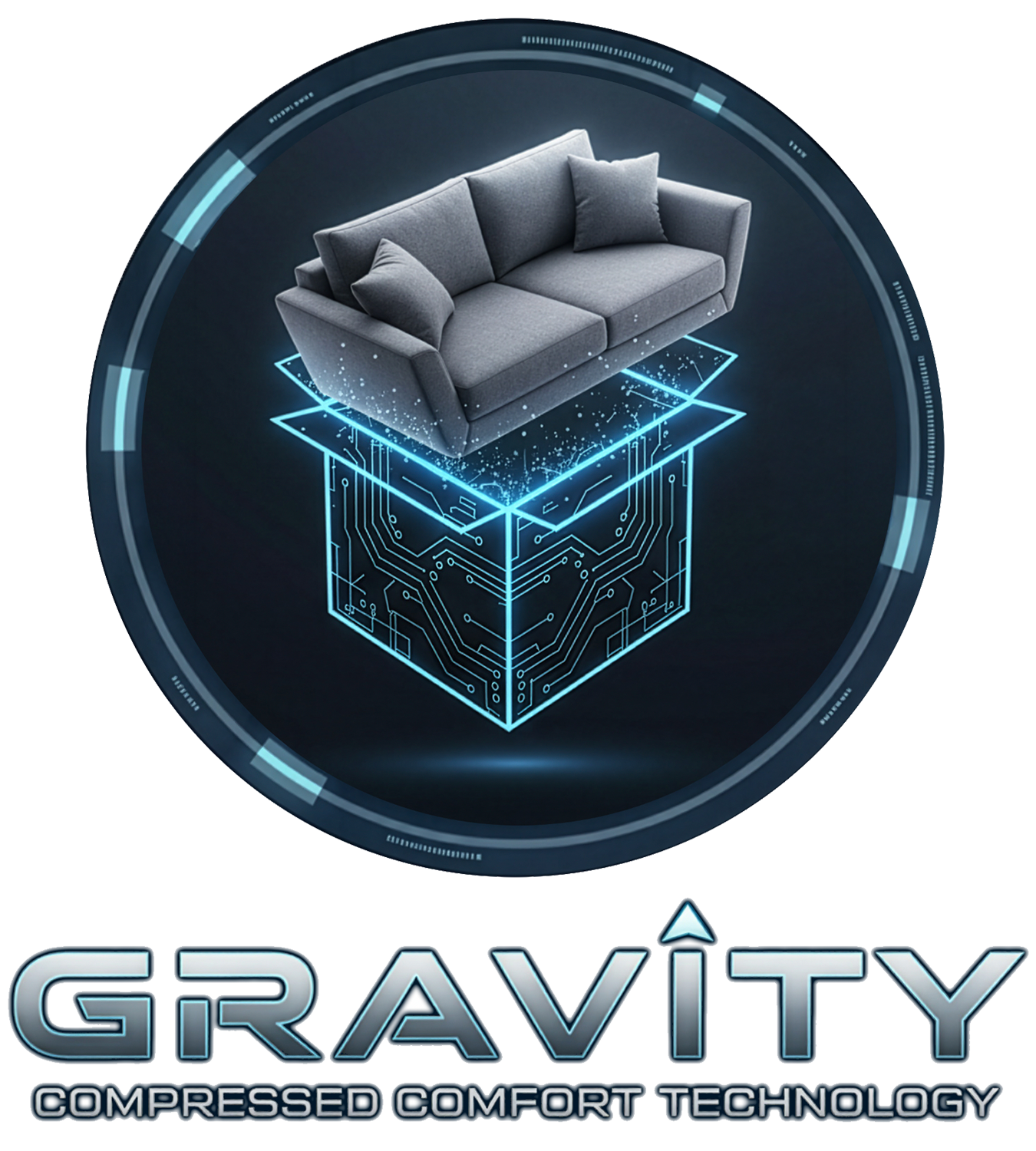 A virtual graphic featuring a gray sofa above a holographic cube with a circuit pattern, and the text 'GRAVITY' with the slogan 'Compressed Comfort Technology'.