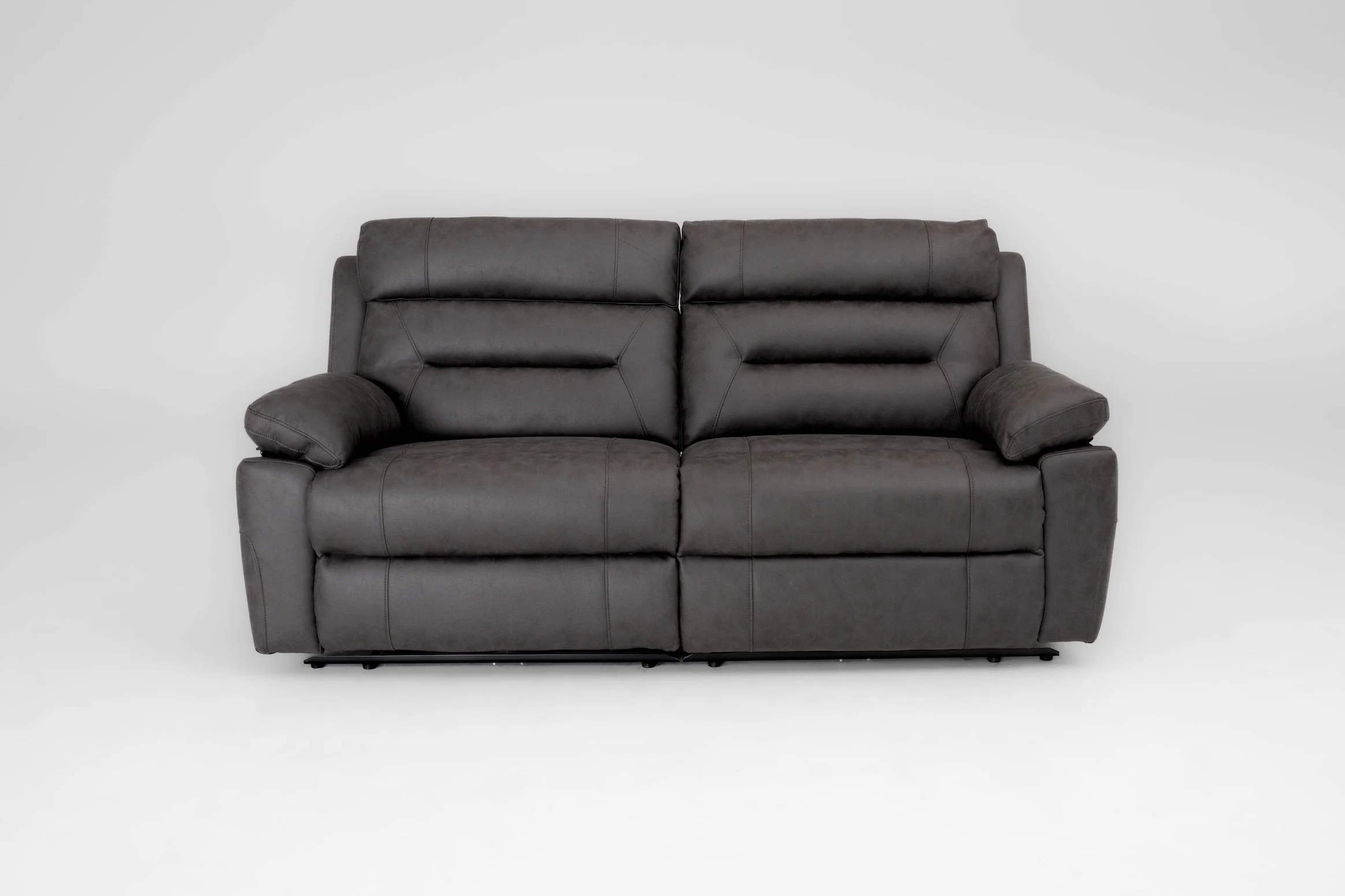 A gray leather sofa against a plain white background.