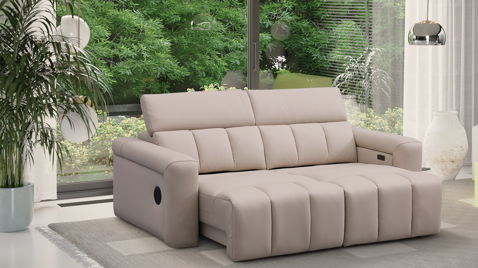 Modern living room with beige sofa, large window showing green trees outside, and a side table with books and a white lamp.