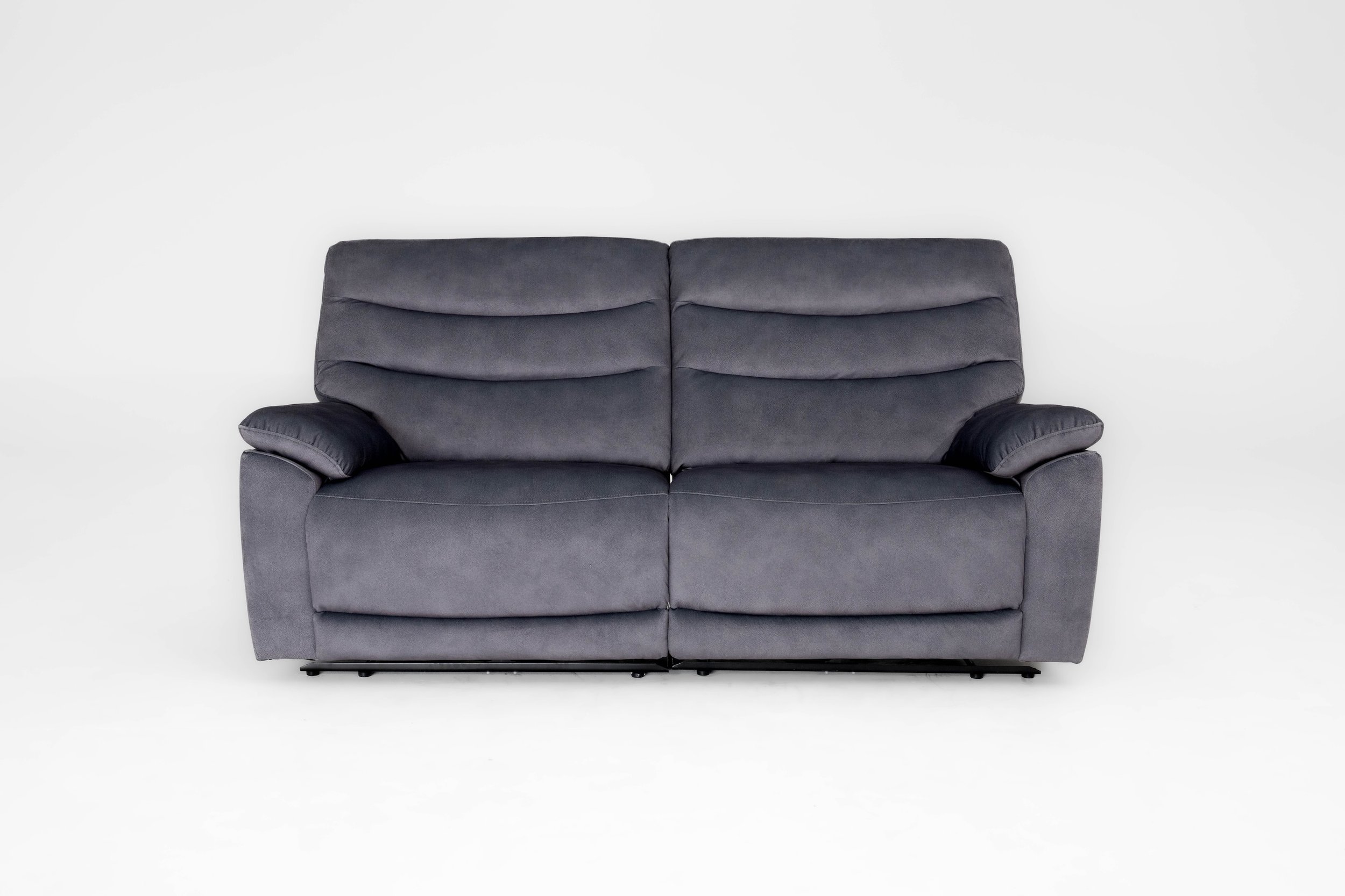 Gray upholstered sofa with padded armrests and backrest, against a plain white background.