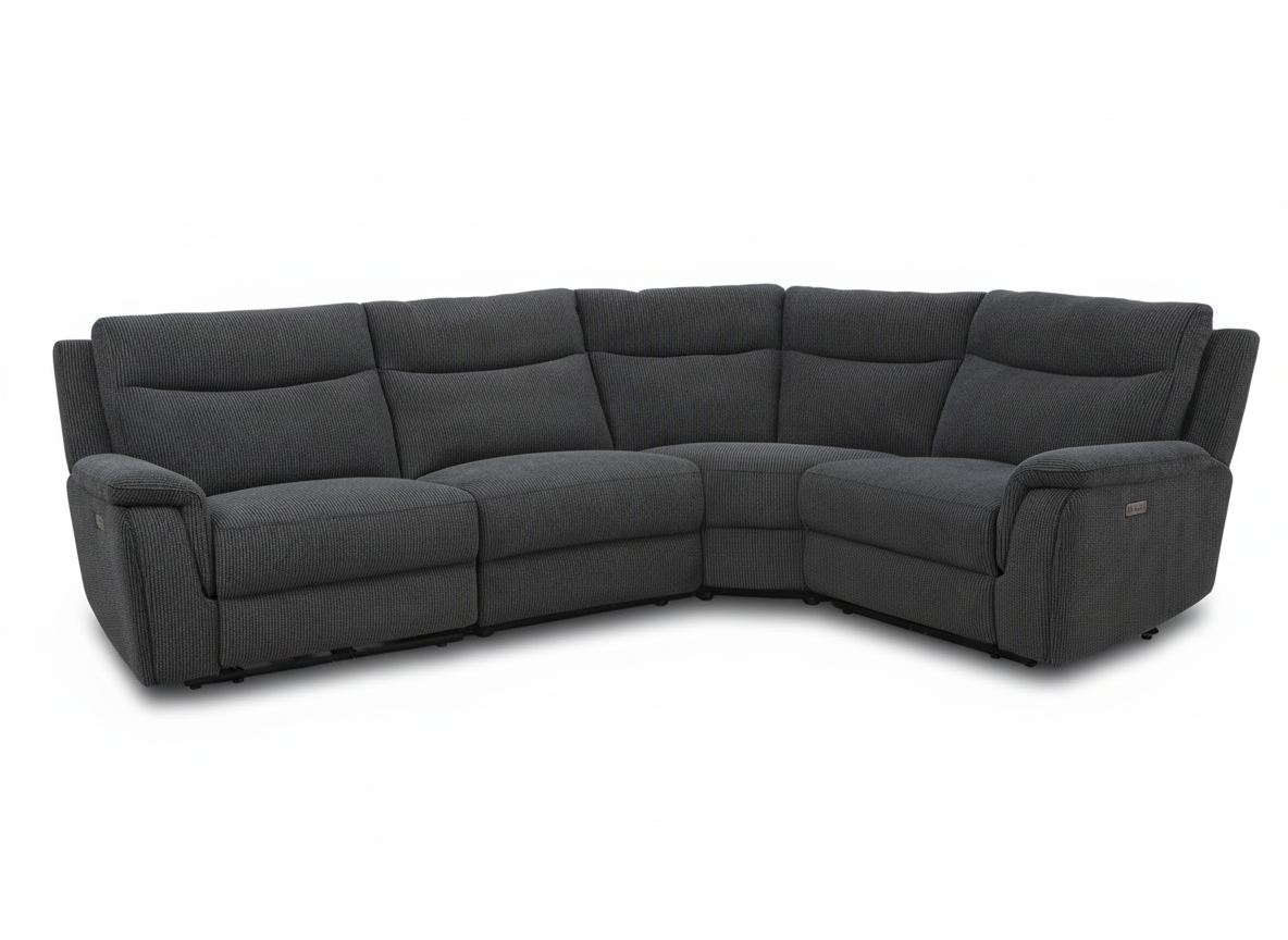 Dark gray sectional sofa with cushioned armrests and backrests, positioned on a white background.