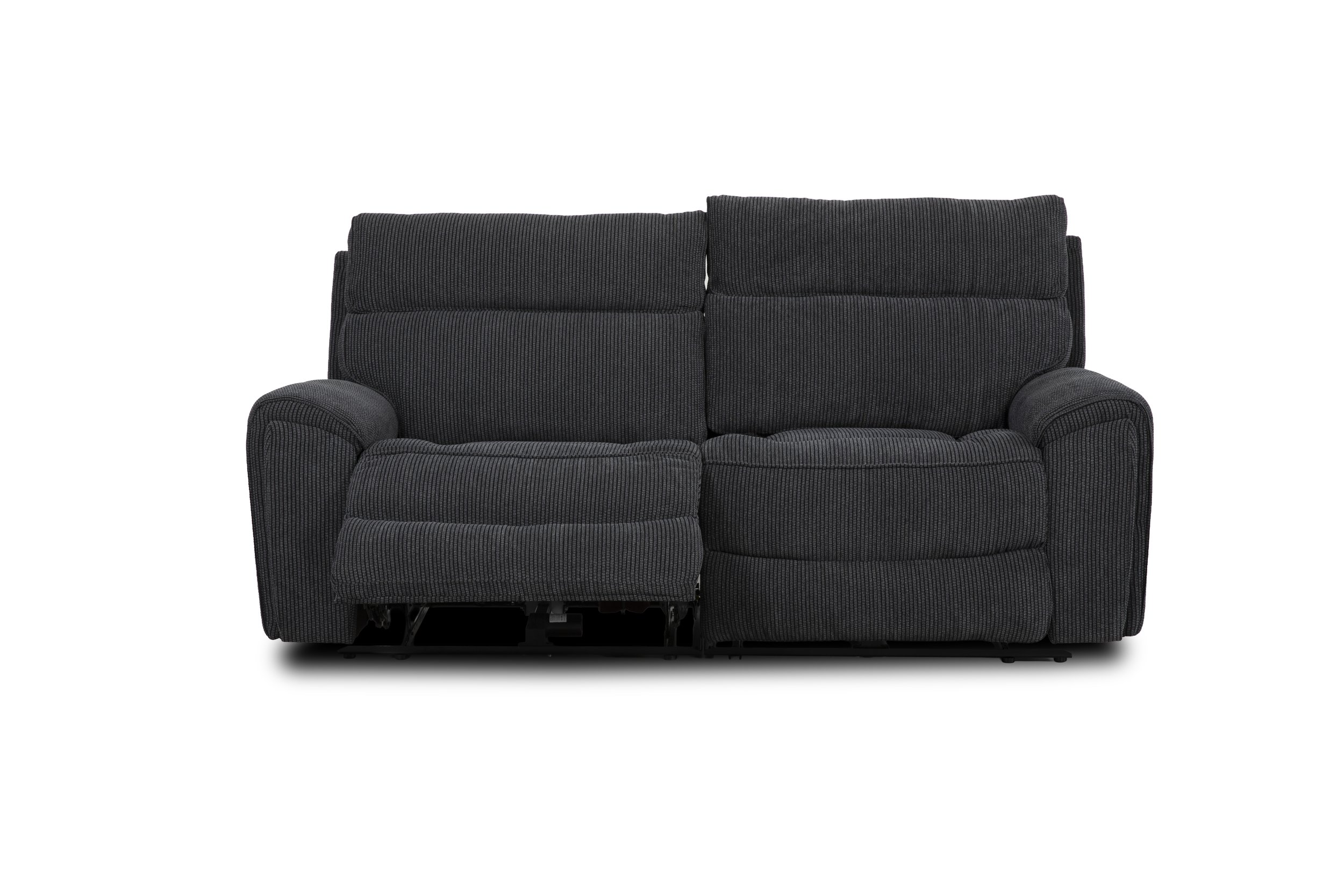 A black fabric recliner sofa with one section extended and the other in upright position, on a white background.