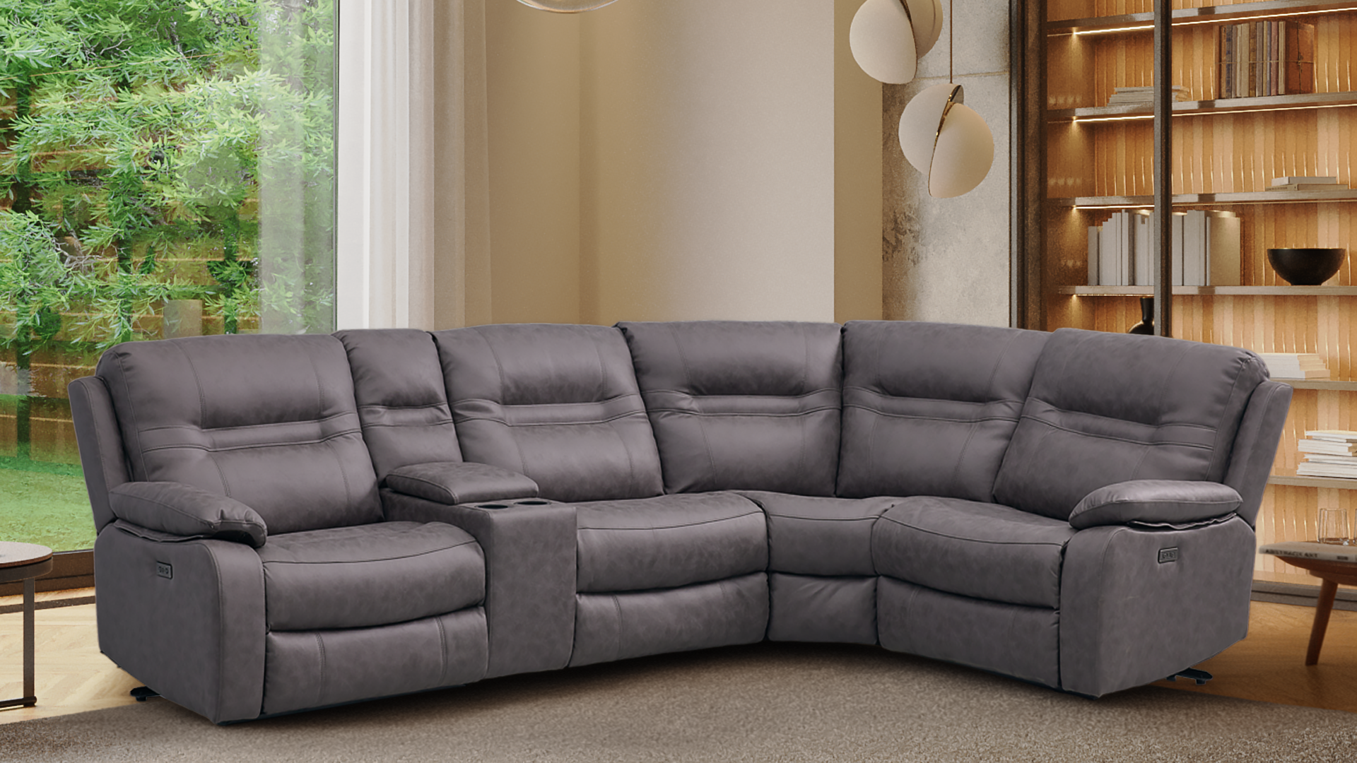 Gray sectional sofa in a living room with white walls, a beige curtain, and a large window, with a small side table and a framed abstract art piece.