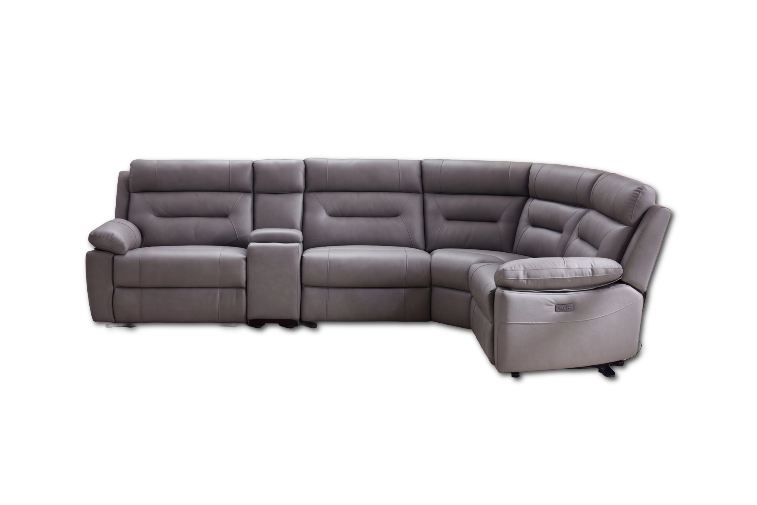 Dark gray L-shaped sectional sofa with cushioned armrests and textured fabric upholstery.