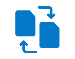 Two blue icons of documents with arrows indicating a transfer or exchange between them.