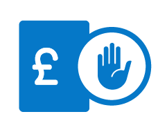 A blue money card with a white pound symbol and a circular sign with a hand indicating stop or caution.