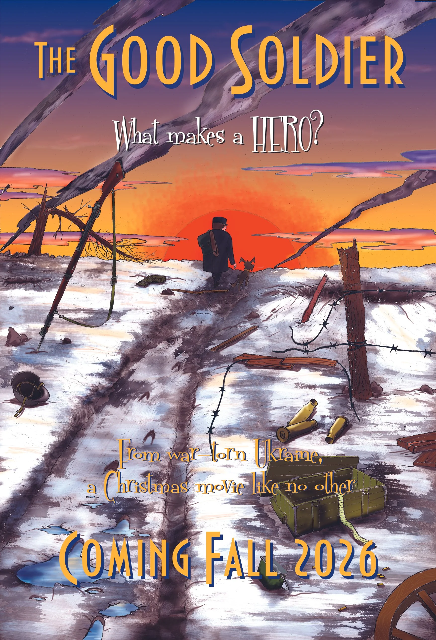 A painting of a war-torn landscape with destroyed trees, barbed wire, and debris in the foreground, and a sunset sky in the background, with text promoting a Christmas movie coming in fall 2026.