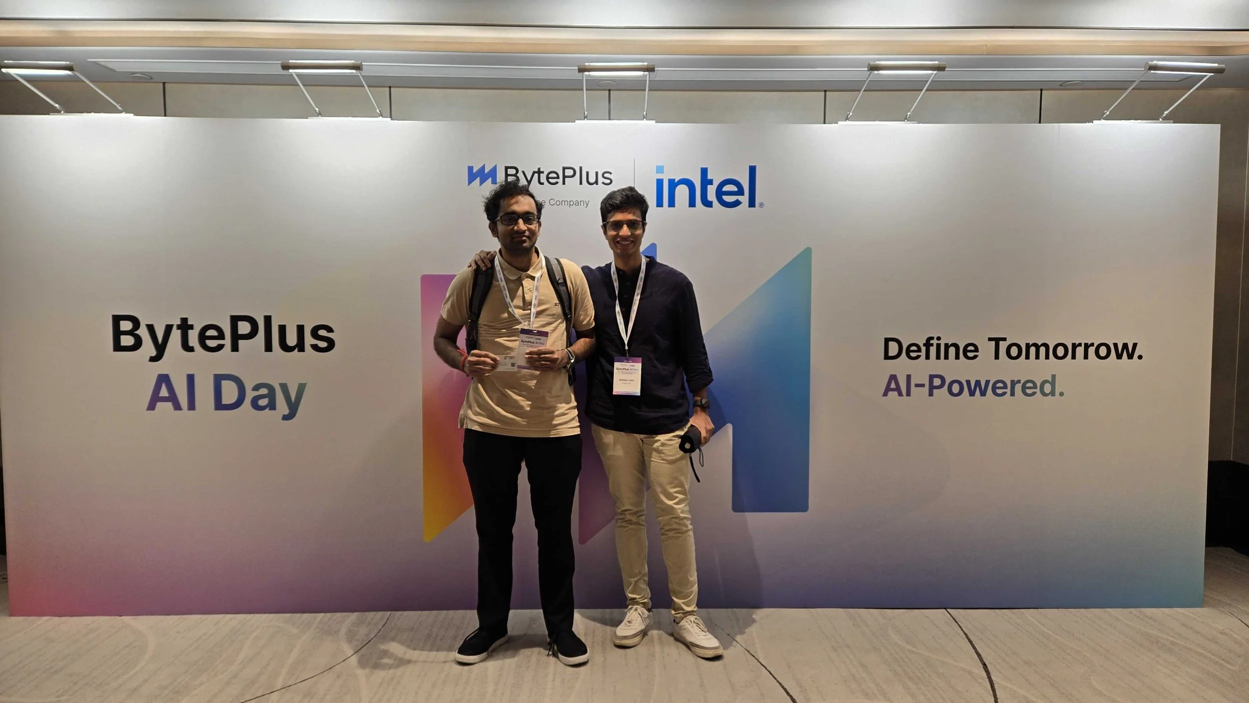 Parth T.A. (Product Engineer, Left) & Aakash Jain (Product Owner, Right) at BytePlus AI Day 2025.