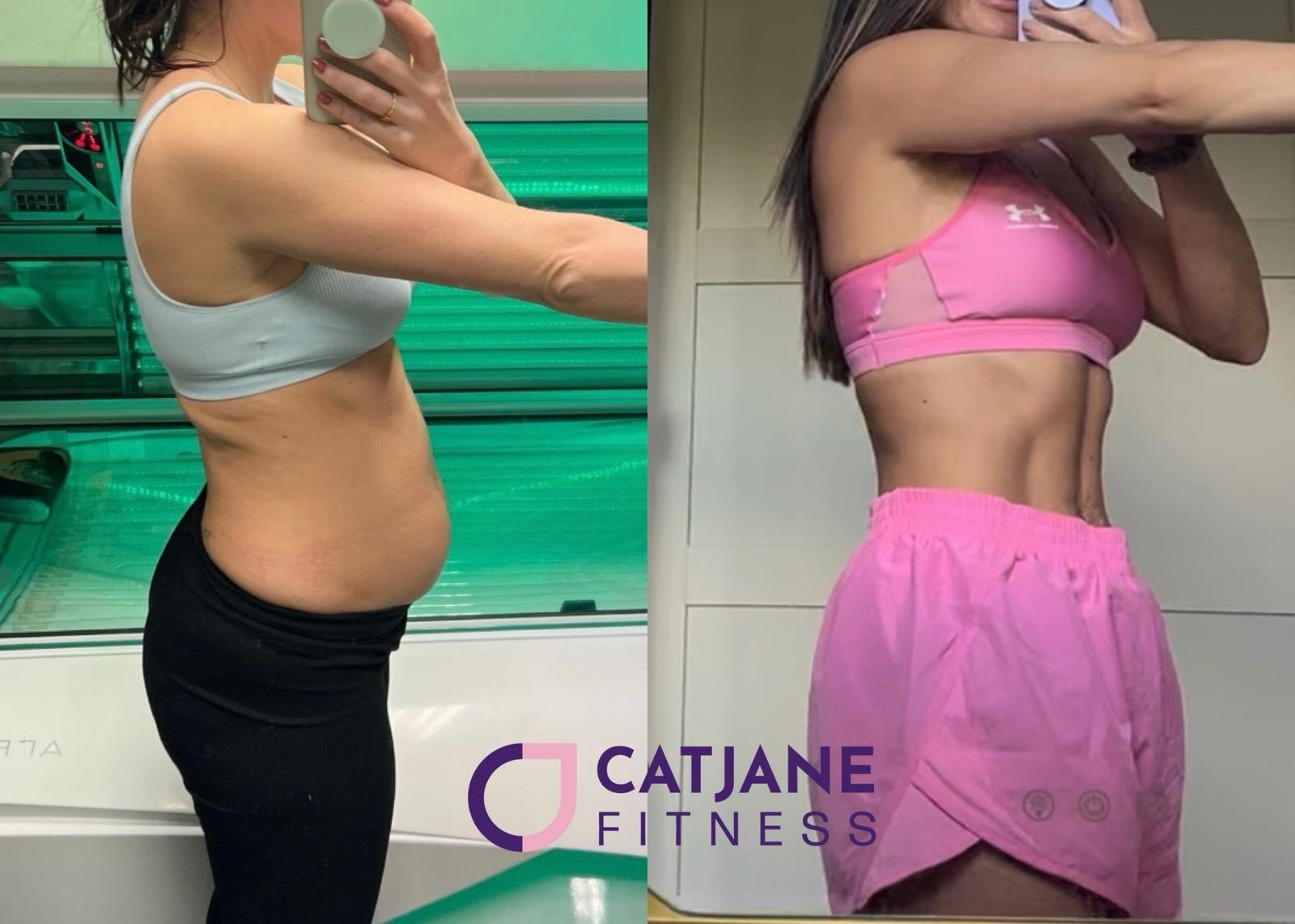 Before and after fitness transformation showing a woman in workout attire; left side: light blue top, dark shorts, visible stomach; right side: pink sports bra, shorts, toned abs, "Catjane Fitness" branding.