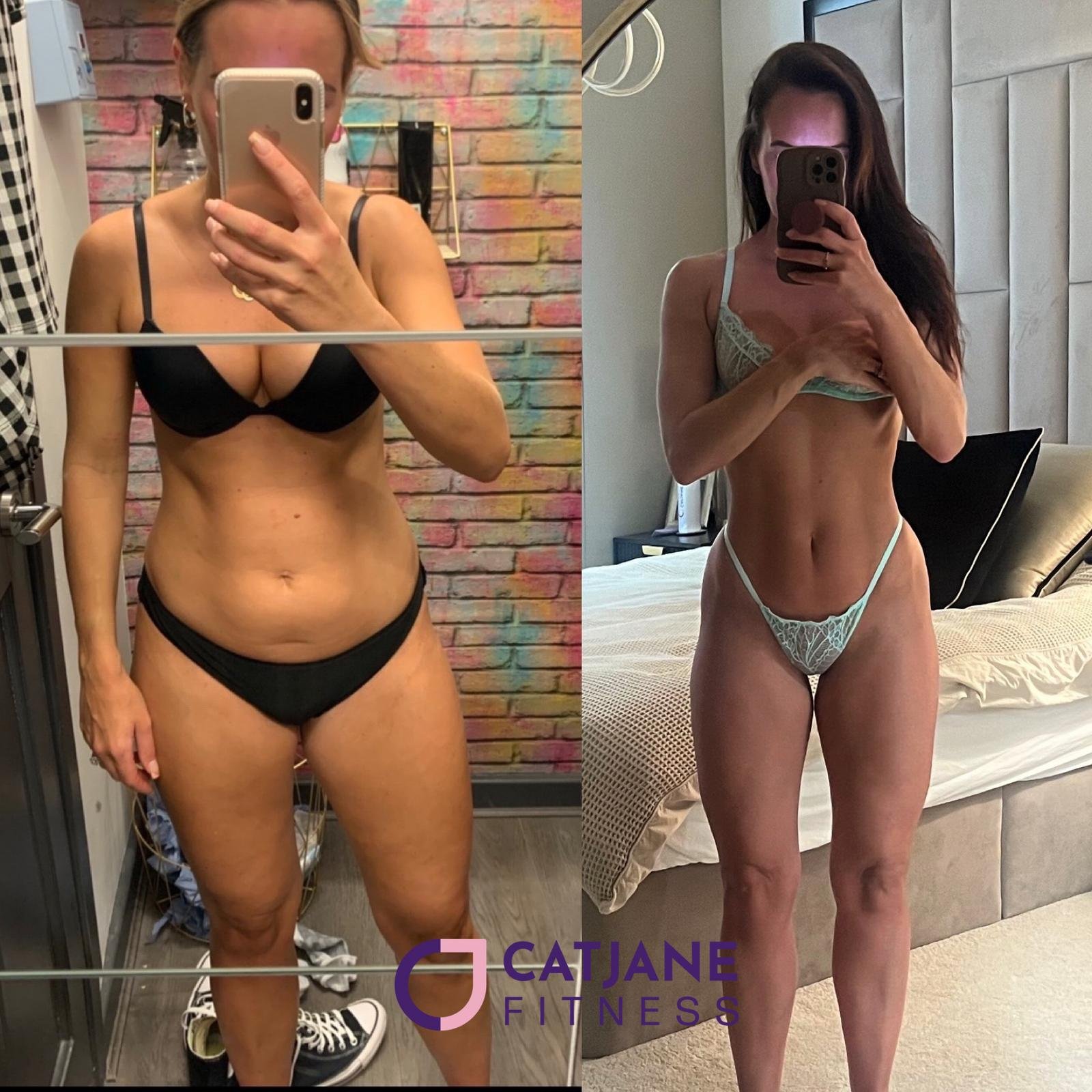 Before and after fitness transformation photo of a woman in underwear, illustrating weight loss and muscle gain, with a logo for Catjane Fitness.