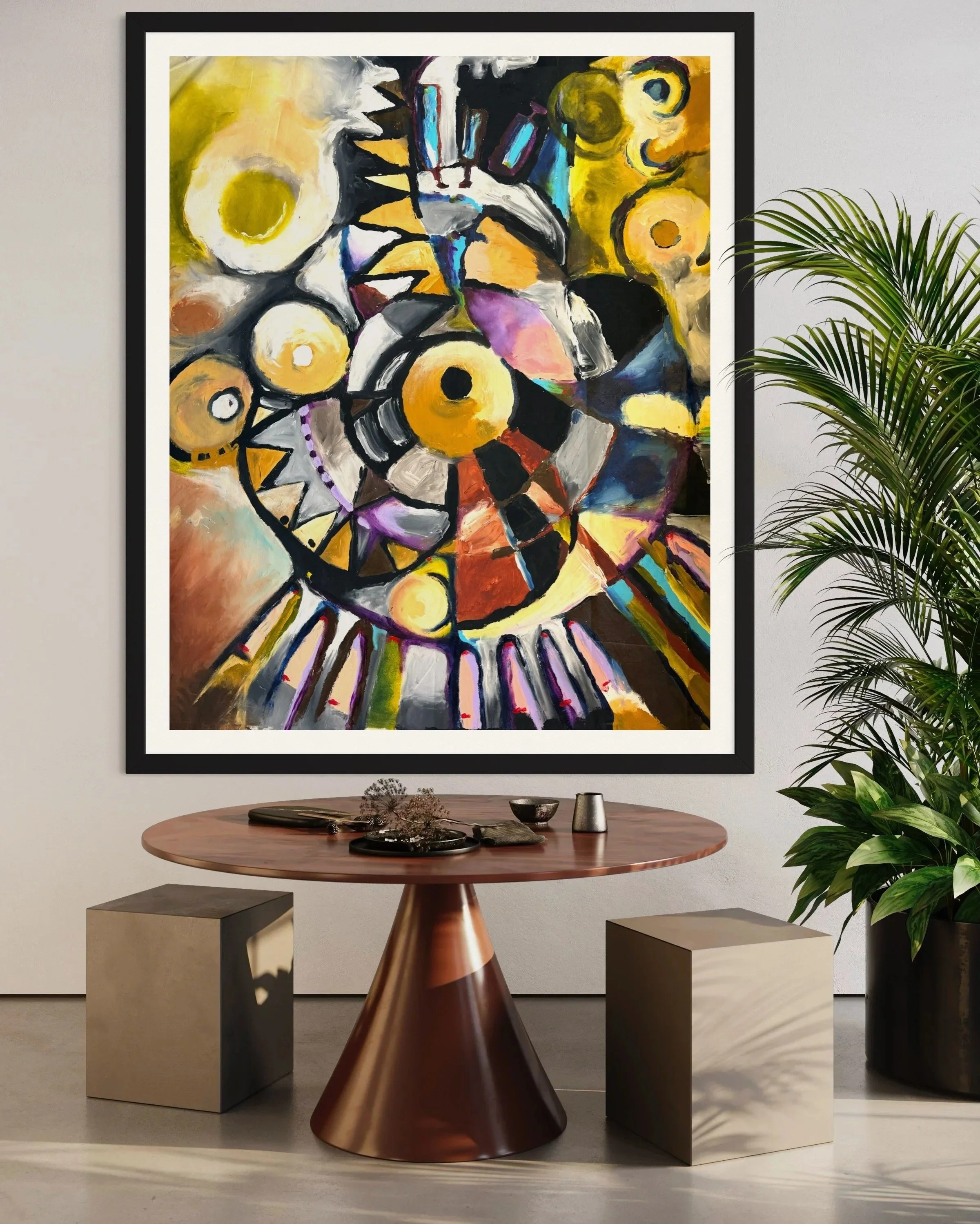 Abstract colorful painting with concentric circles and geometric shapes hung on a wall in a modern room.