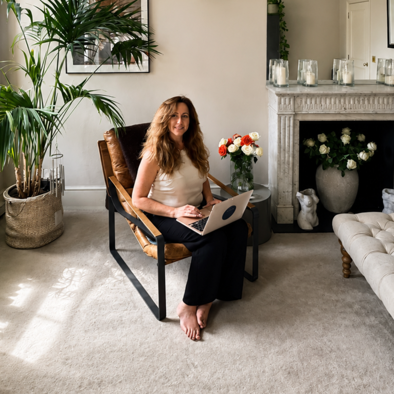 A woman sitting in a living room, using a laptop. She has long wavy hair and is smiling. The room features a large potted plant, a bouquet of flowers on a side table, and a fireplace with decorative candles and vases.