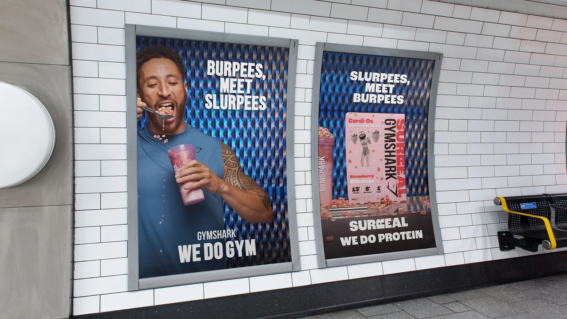 Subway advertisement featuring Gymshark and Surreal collaborations, highlighting fitness and protein products with playful slogans.